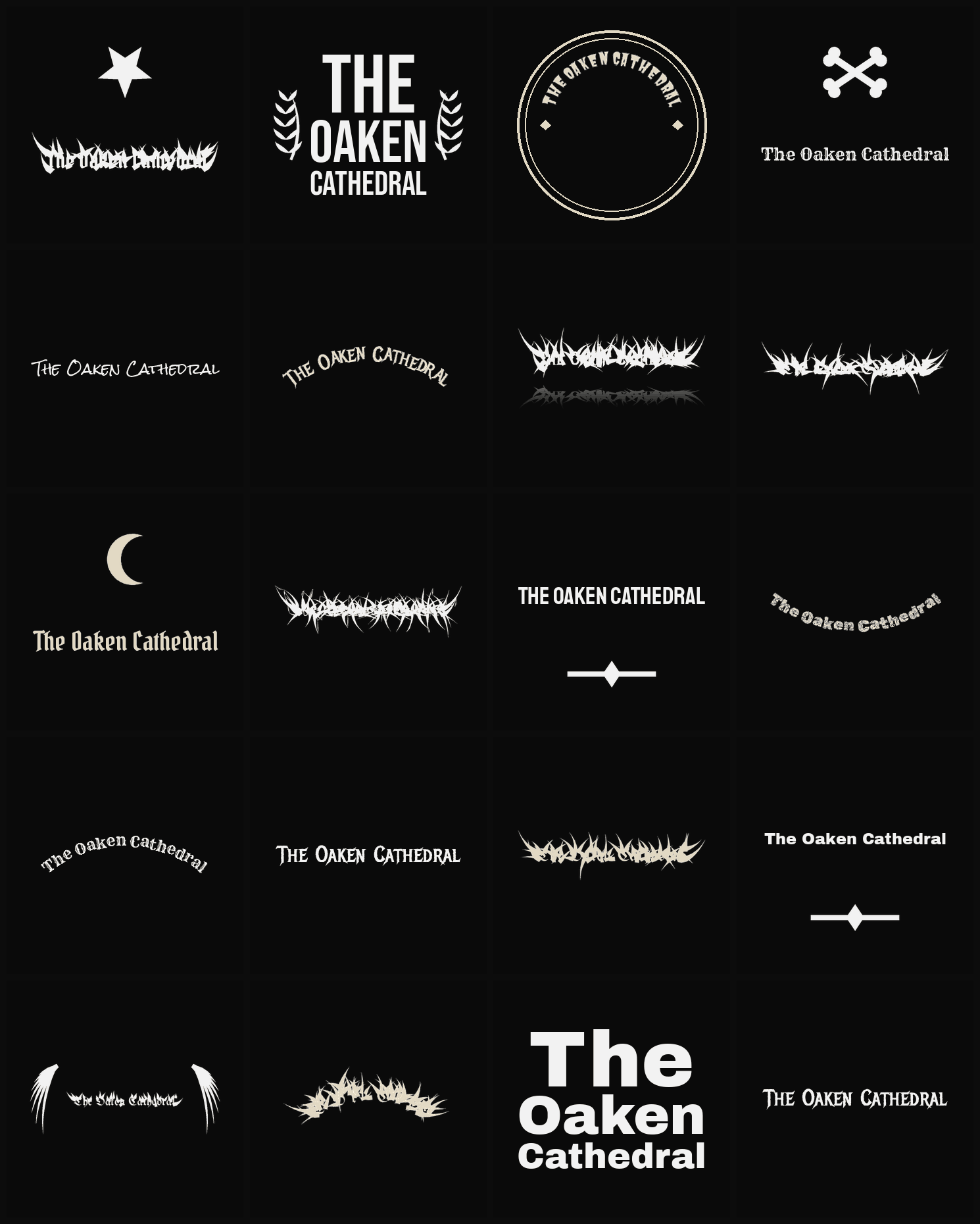Twenty The Oaken Cathedral band logo ideas — different faces, treatments and spike settings