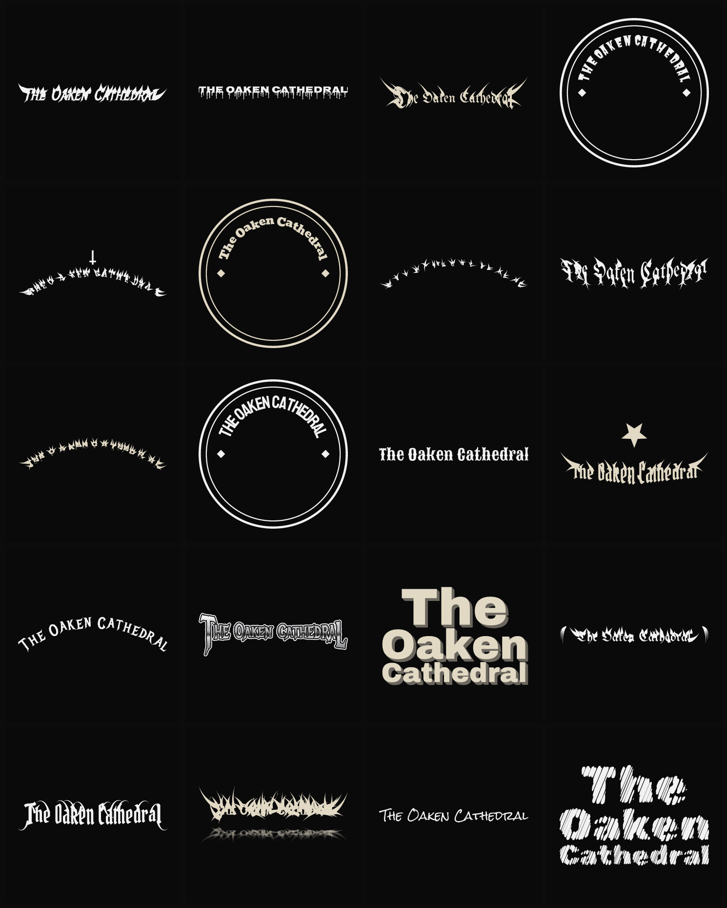Twenty The Oaken Cathedral band logo ideas — different faces, treatments and spike settings