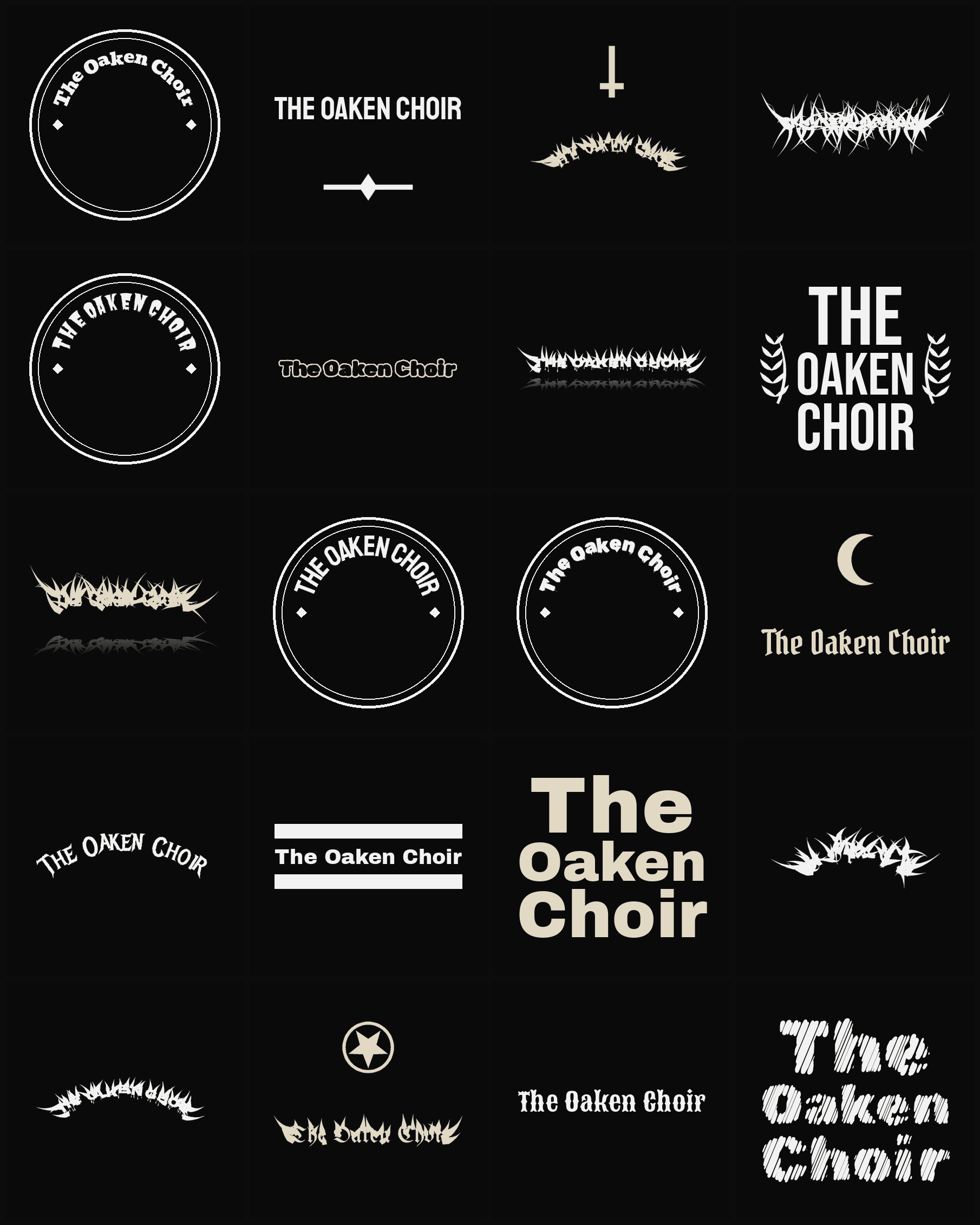 Twenty The Oaken Choir band logo ideas — different faces, treatments and spike settings