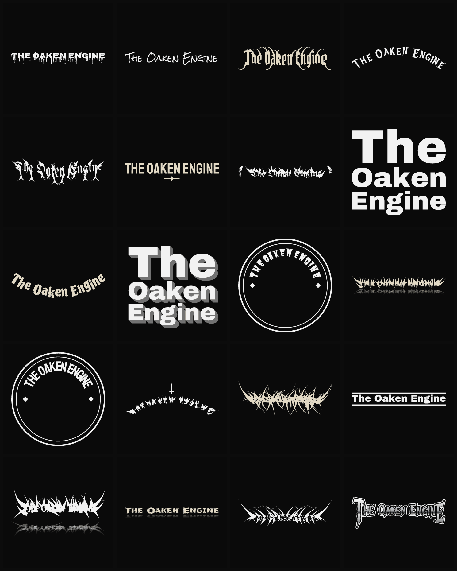 Twenty The Oaken Engine band logo ideas — different faces, treatments and spike settings