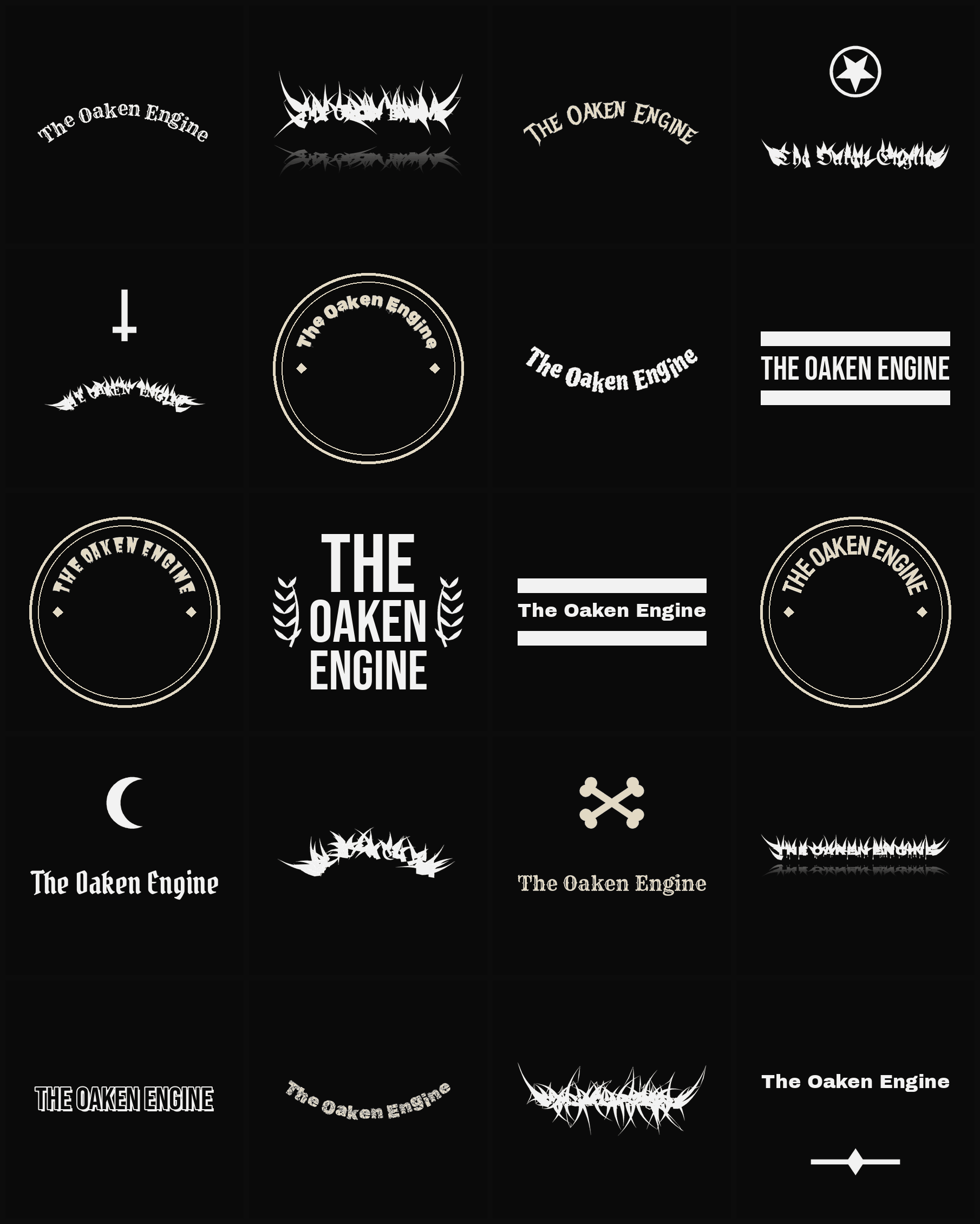 Twenty The Oaken Engine band logo ideas — different faces, treatments and spike settings