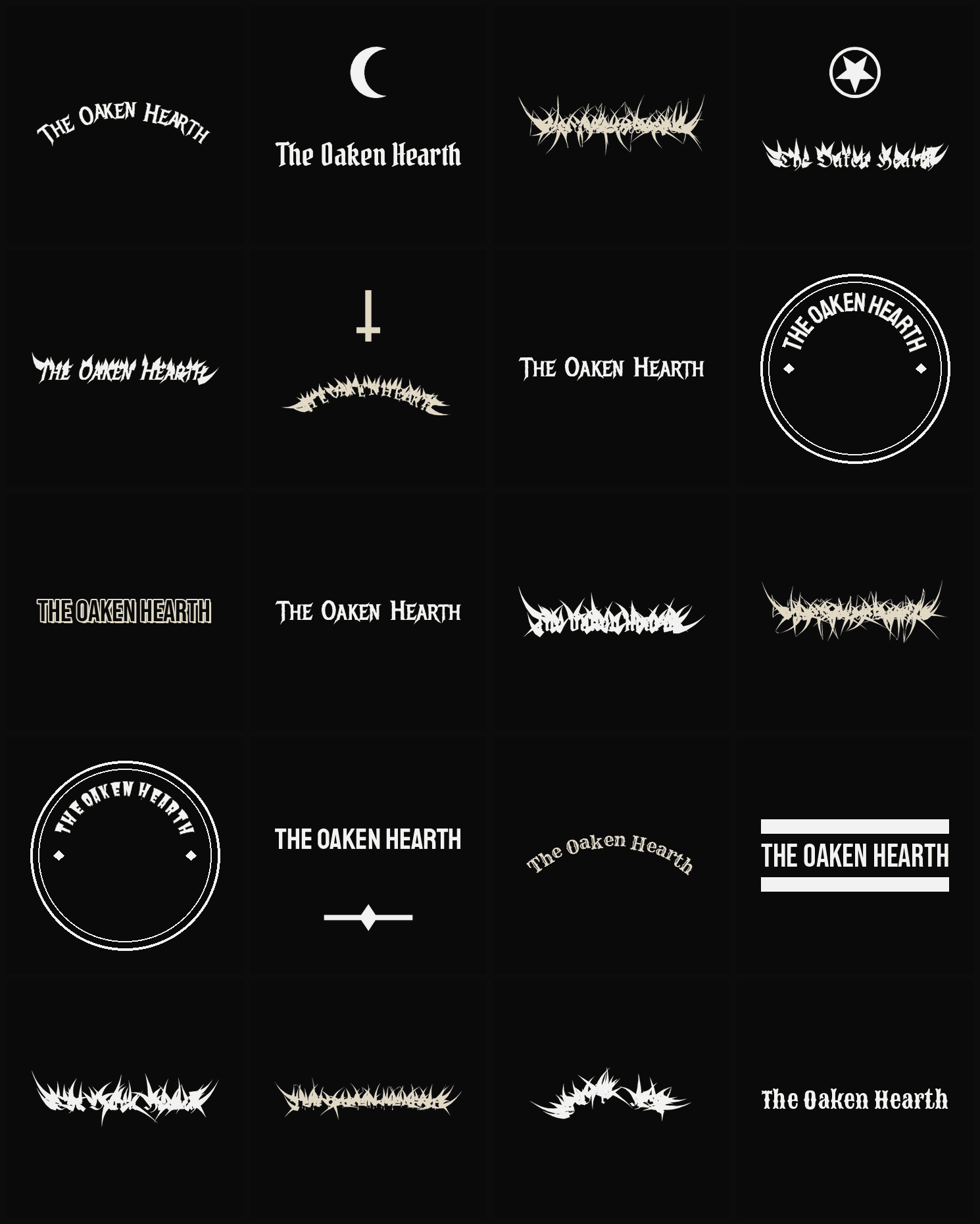 Twenty The Oaken Hearth band logo ideas — different faces, treatments and spike settings