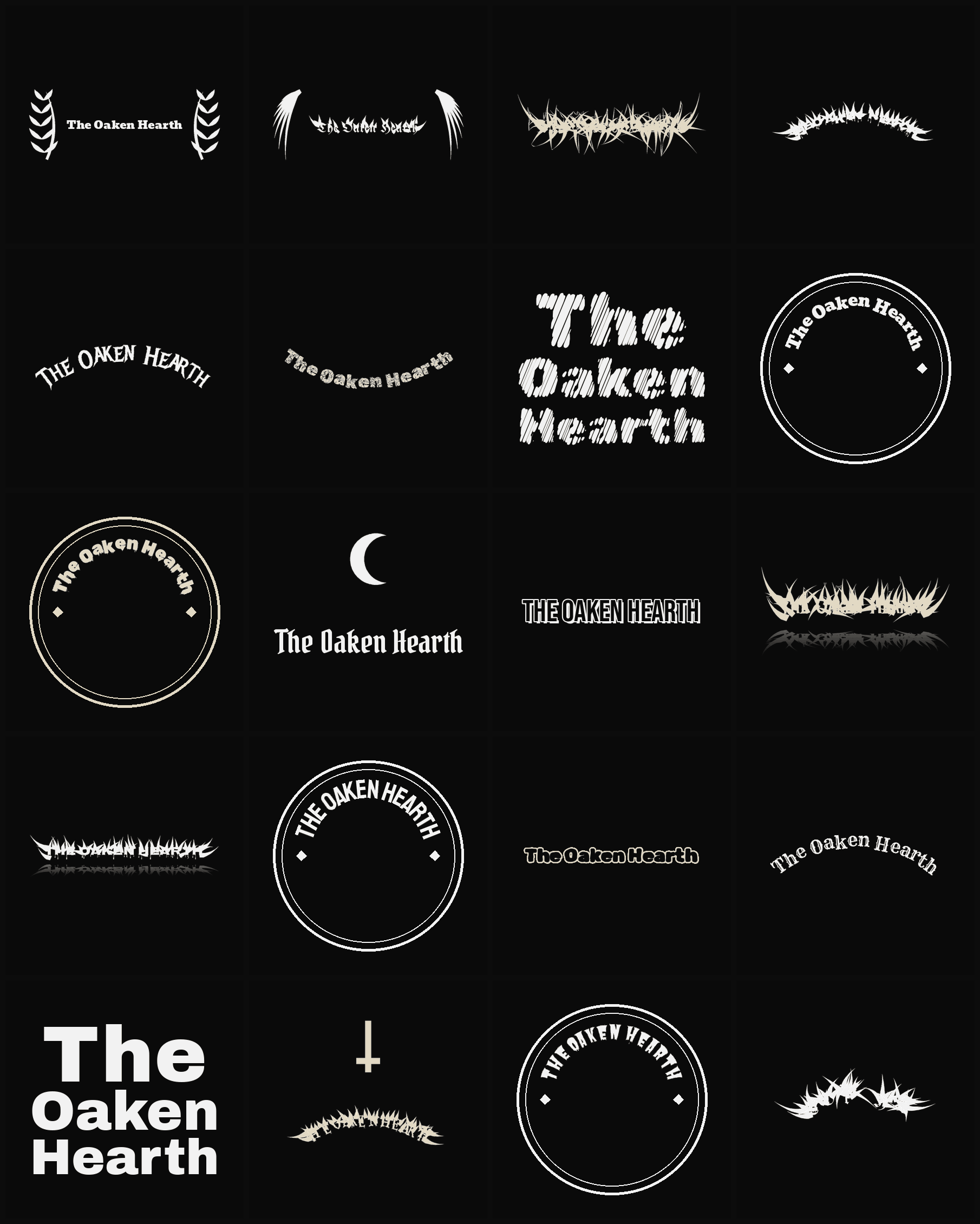 Twenty The Oaken Hearth band logo ideas — different faces, treatments and spike settings