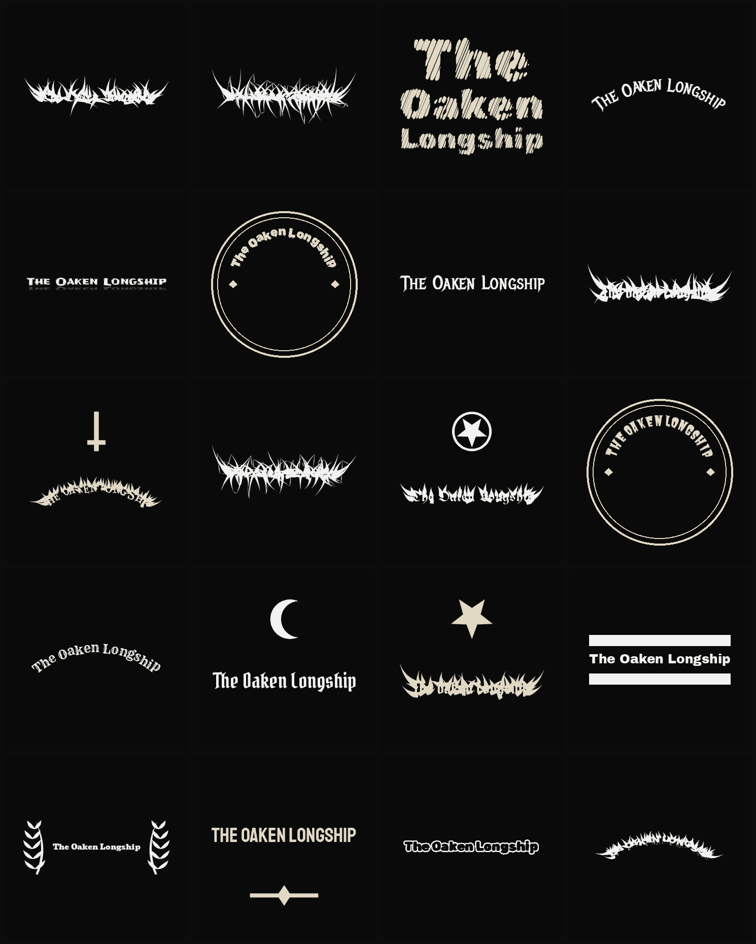 Twenty The Oaken Longship band logo ideas — different faces, treatments and spike settings
