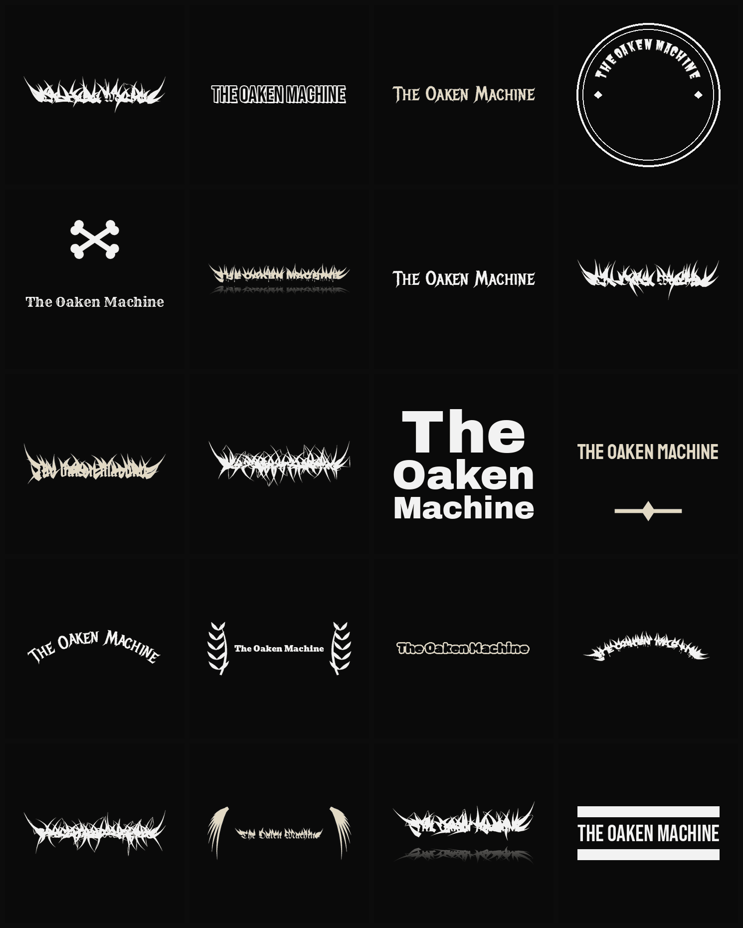 Twenty The Oaken Machine band logo ideas — different faces, treatments and spike settings