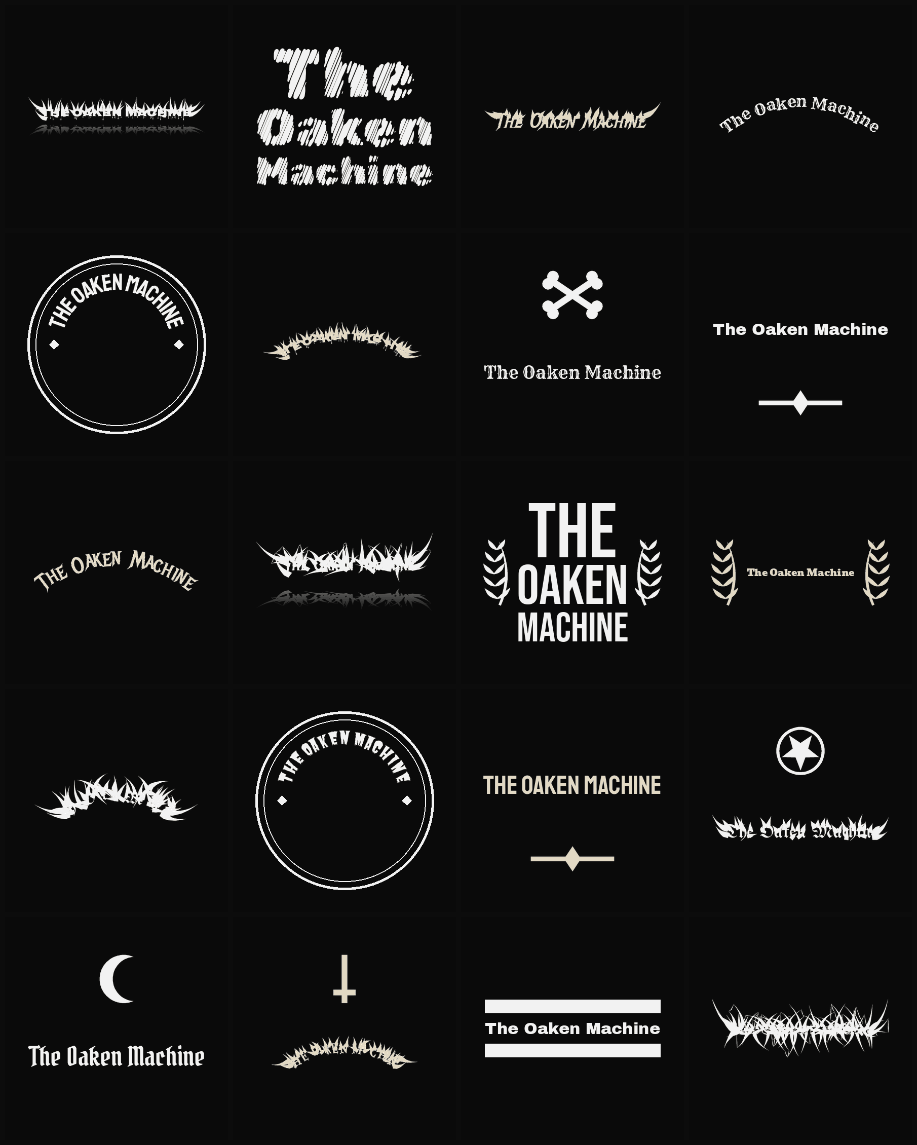 Twenty The Oaken Machine band logo ideas — different faces, treatments and spike settings