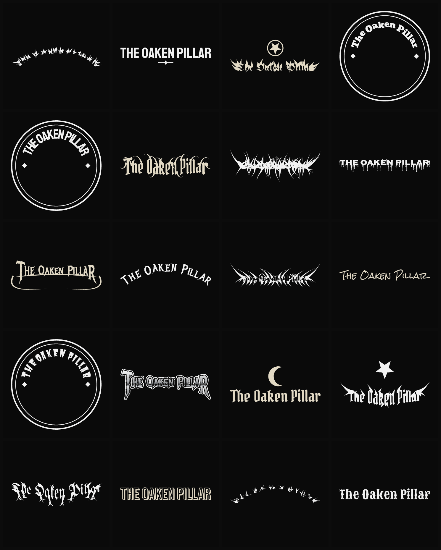 Twenty The Oaken Pillar band logo ideas — different faces, treatments and spike settings