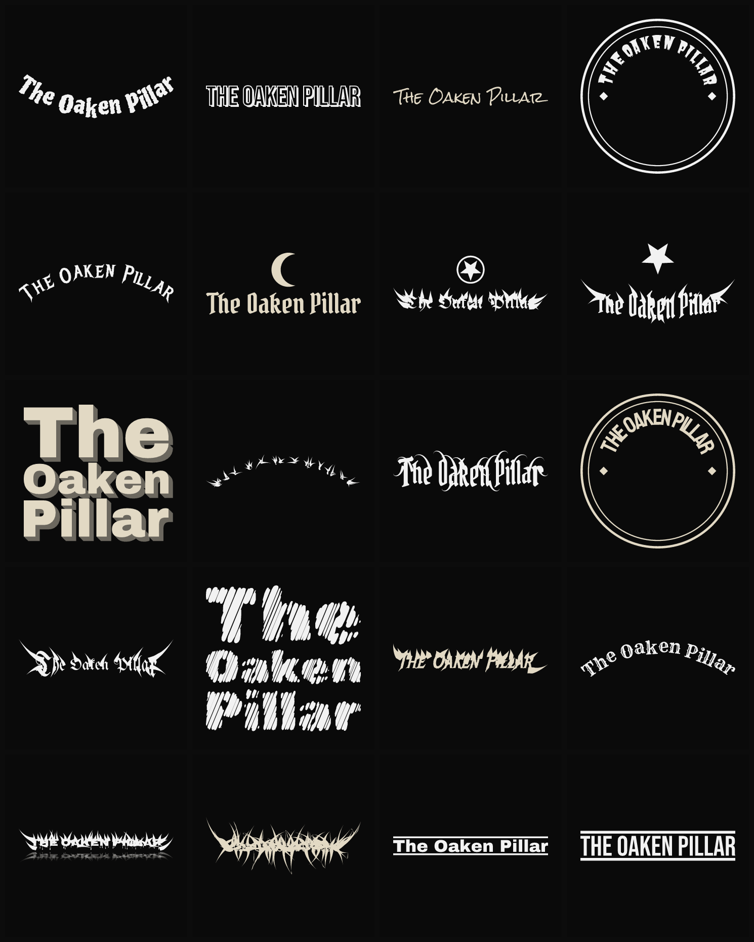 Twenty The Oaken Pillar band logo ideas — different faces, treatments and spike settings