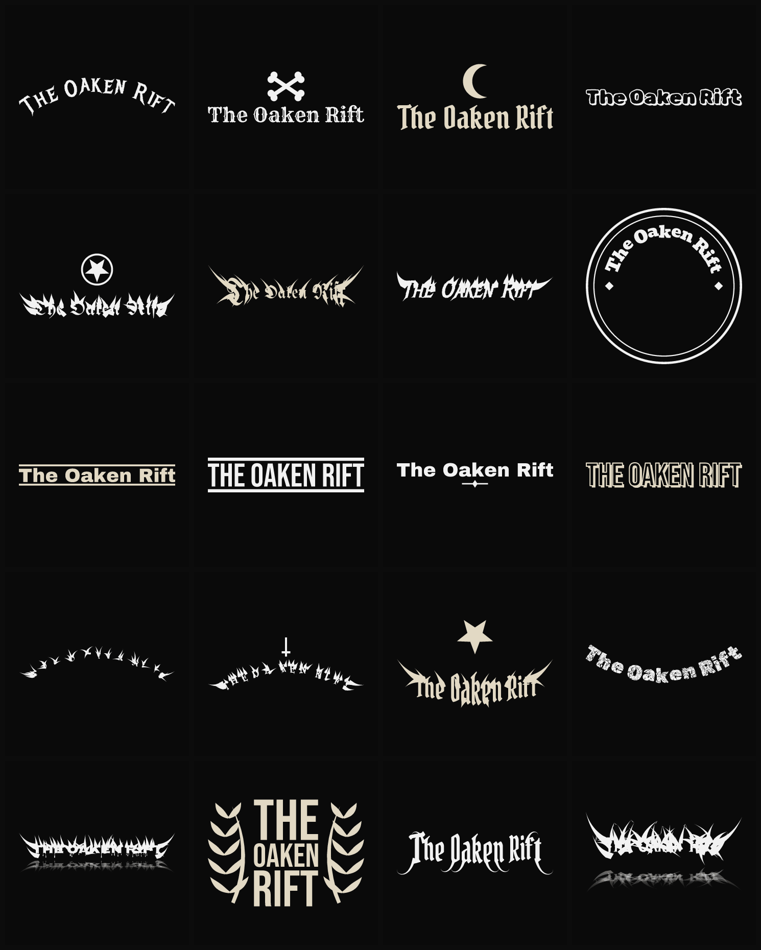 Twenty The Oaken Rift band logo ideas — different faces, treatments and spike settings