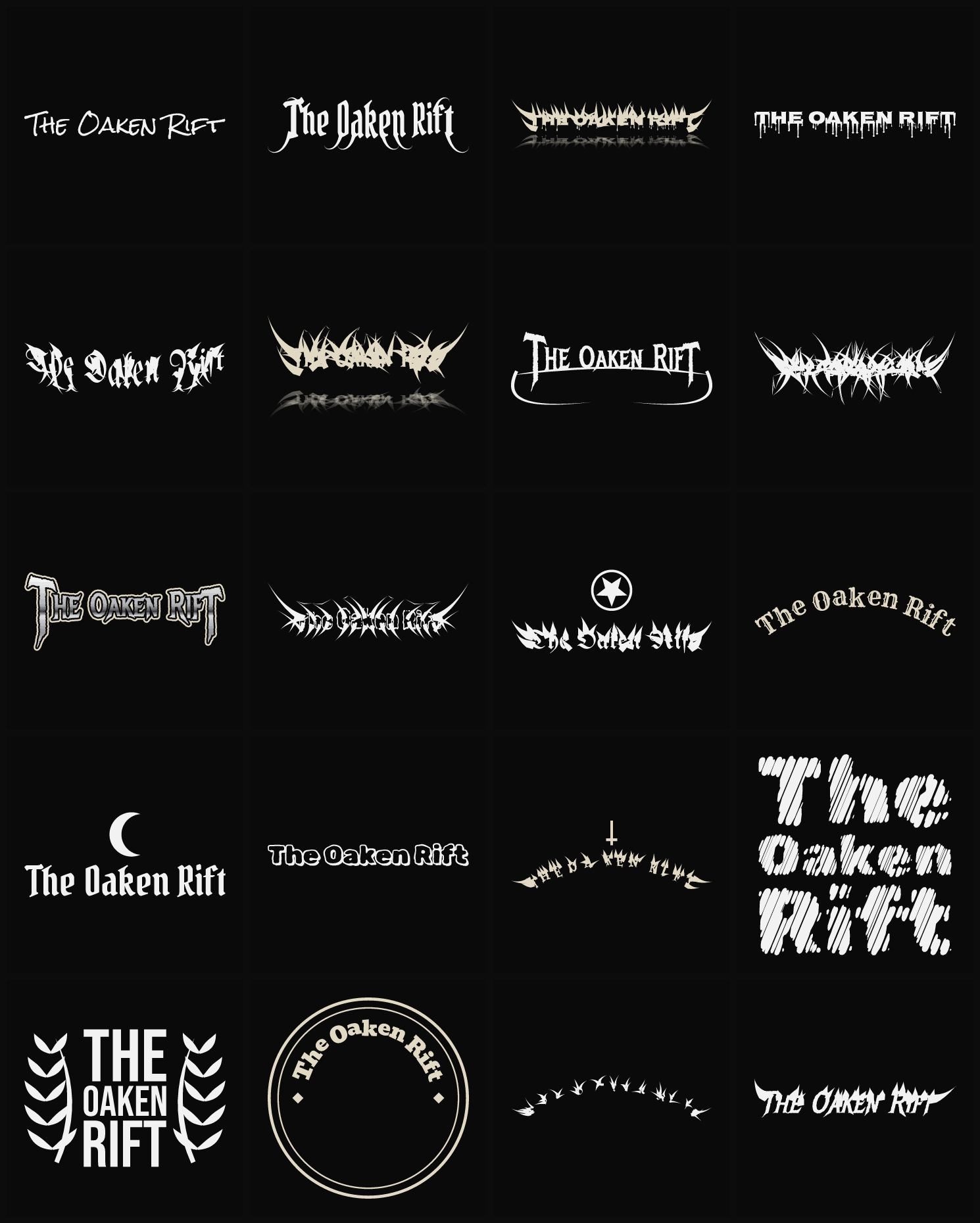 Twenty The Oaken Rift band logo ideas — different faces, treatments and spike settings