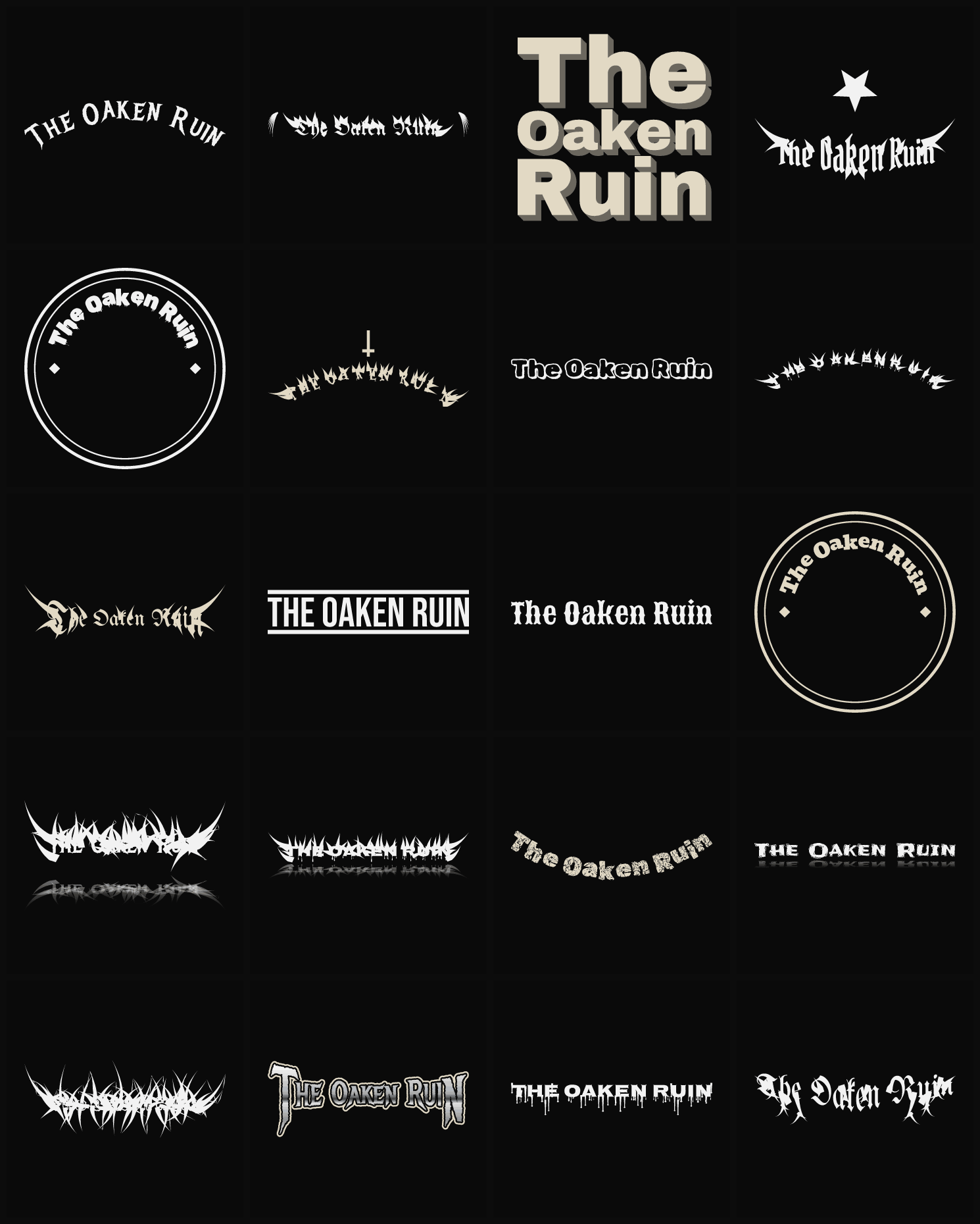 Twenty The Oaken Ruin band logo ideas — different faces, treatments and spike settings