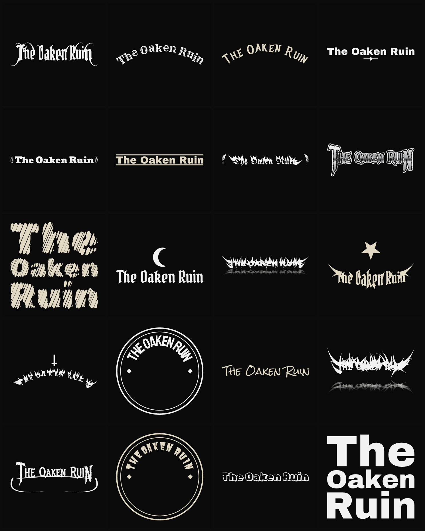 Twenty The Oaken Ruin band logo ideas — different faces, treatments and spike settings