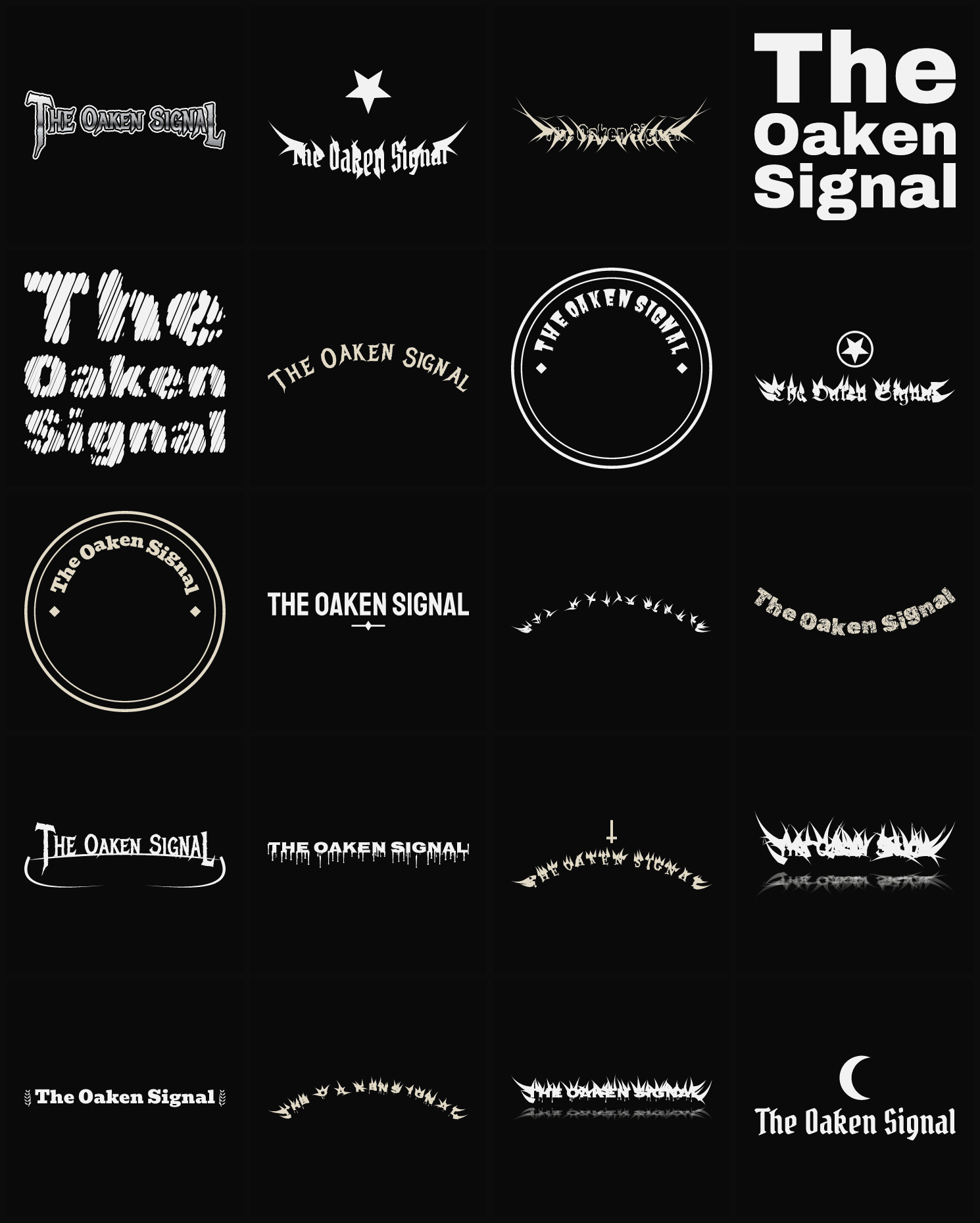 Twenty The Oaken Signal band logo ideas — different faces, treatments and spike settings