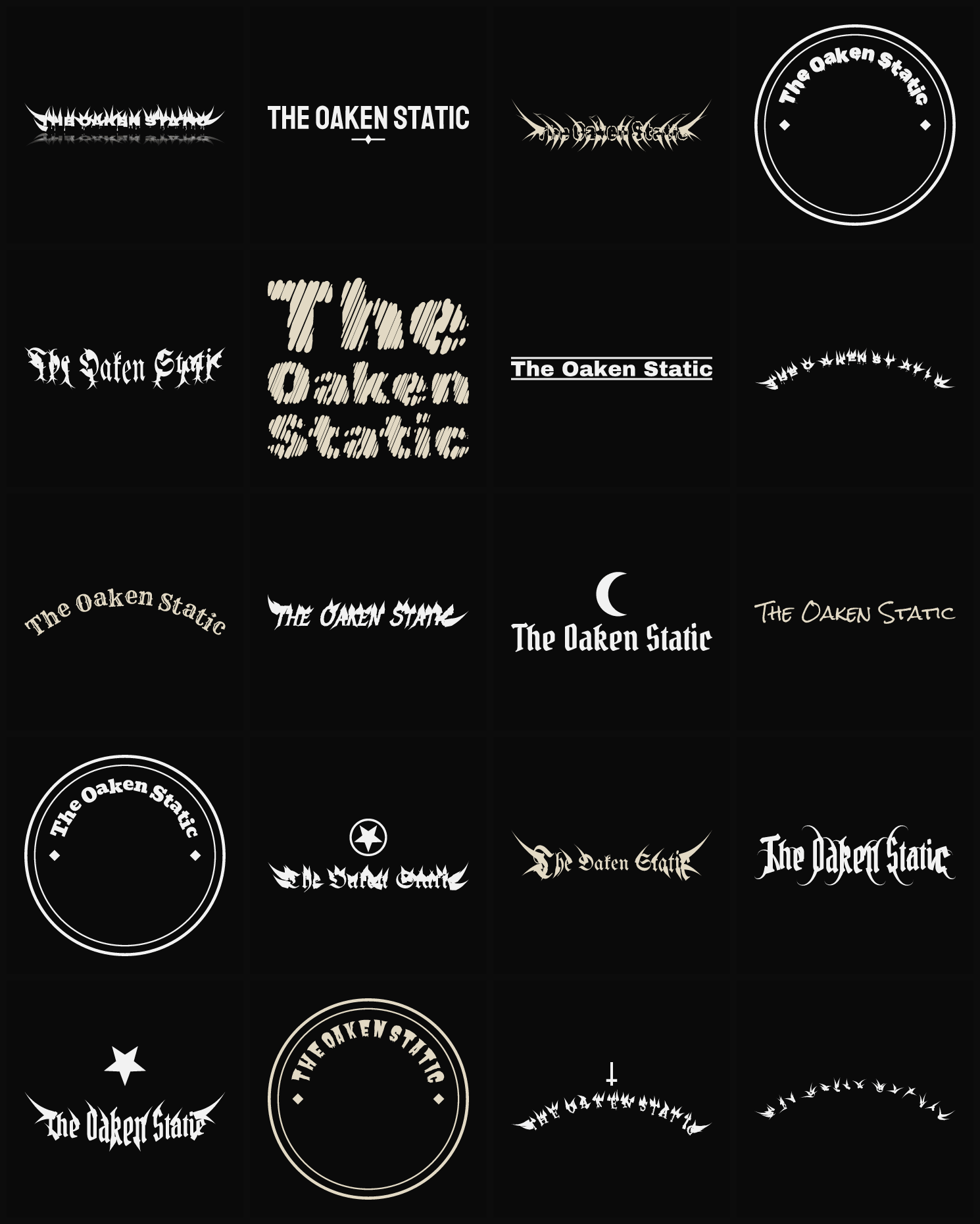 Twenty The Oaken Static band logo ideas — different faces, treatments and spike settings