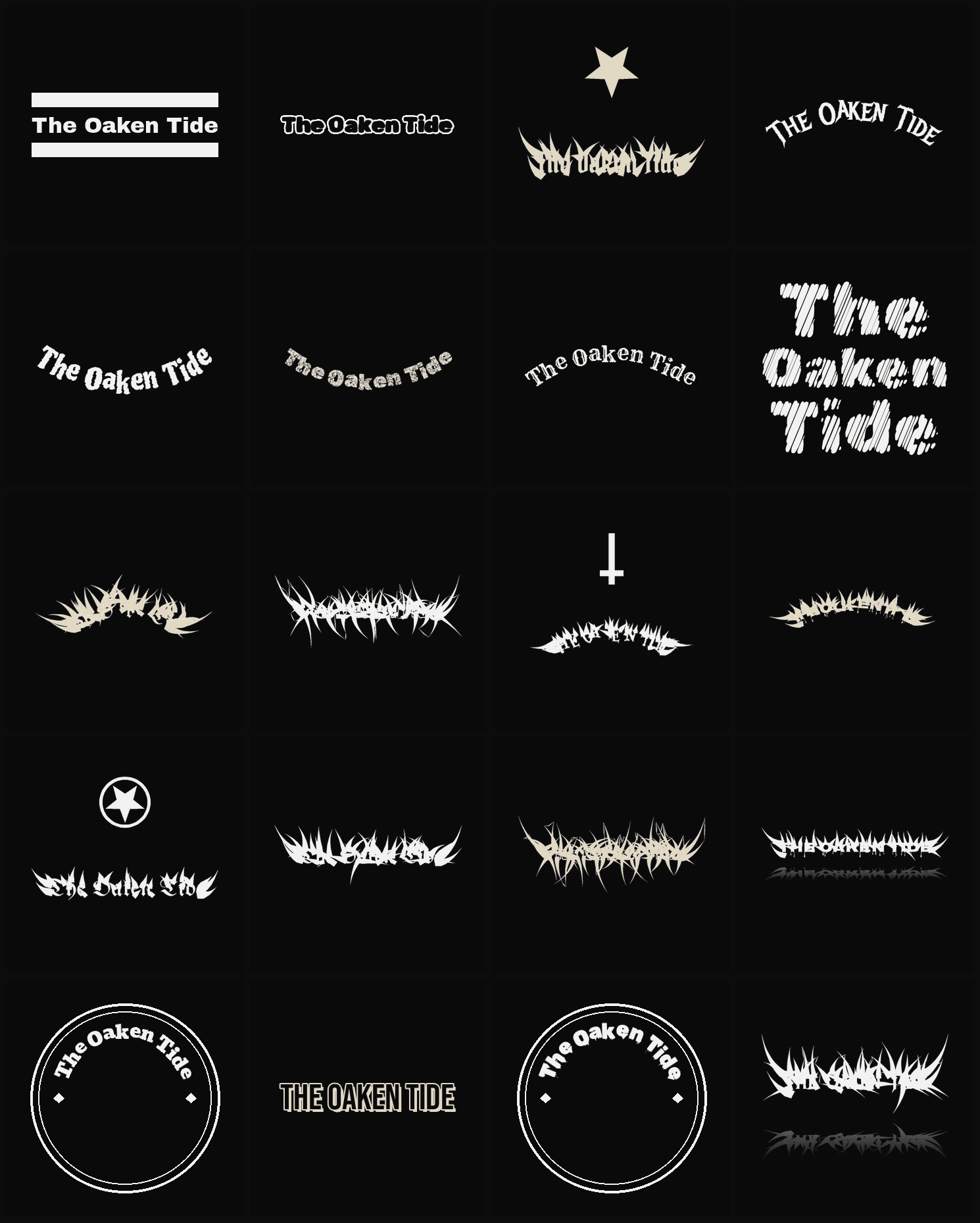 Twenty The Oaken Tide band logo ideas — different faces, treatments and spike settings