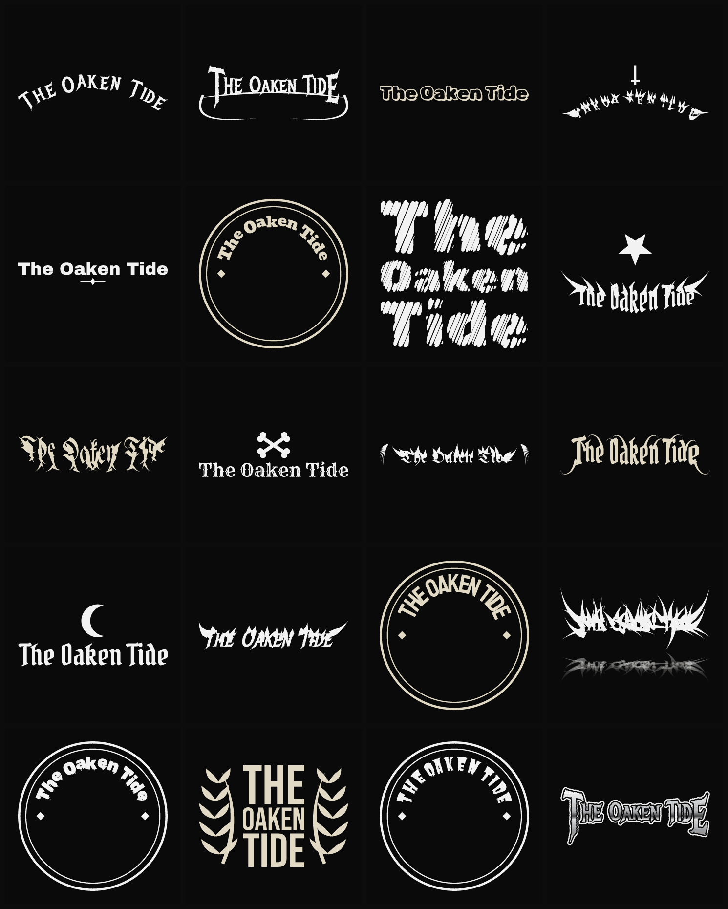 Twenty The Oaken Tide band logo ideas — different faces, treatments and spike settings