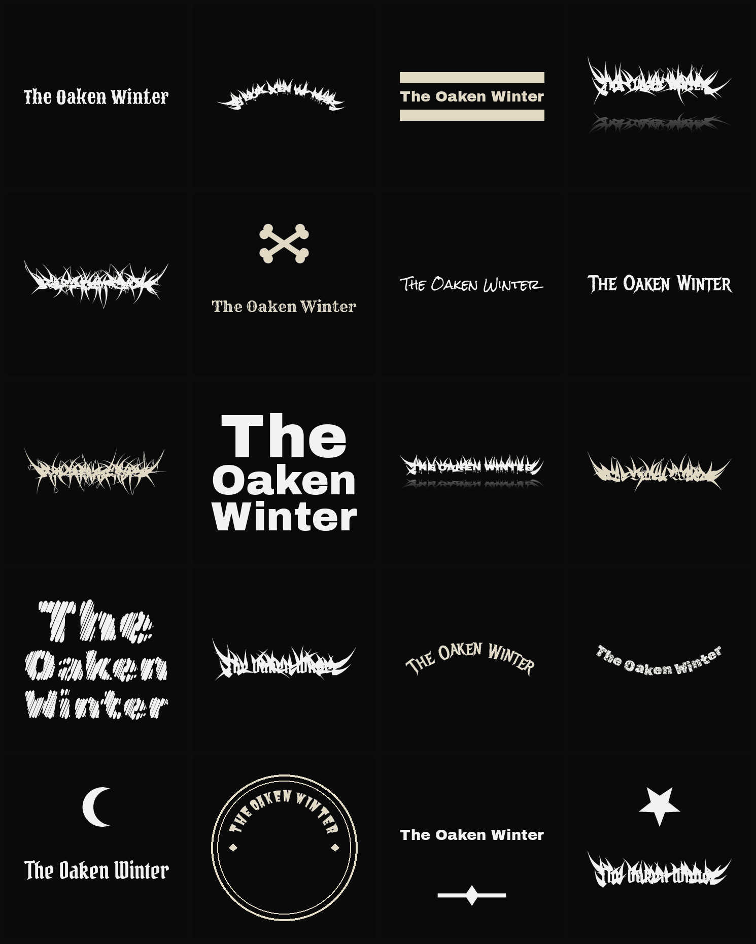 Twenty The Oaken Winter band logo ideas — different faces, treatments and spike settings