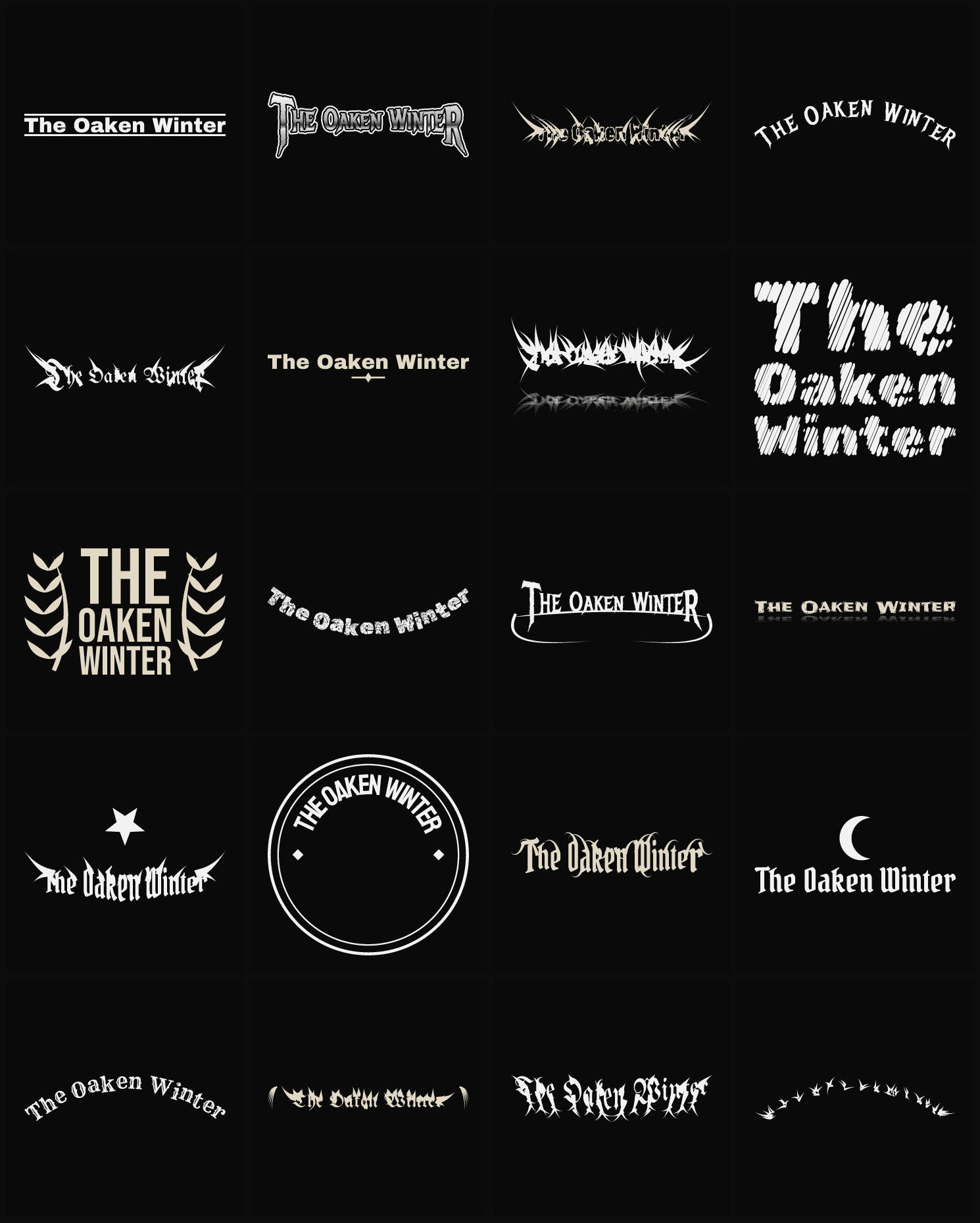 Twenty The Oaken Winter band logo ideas — different faces, treatments and spike settings