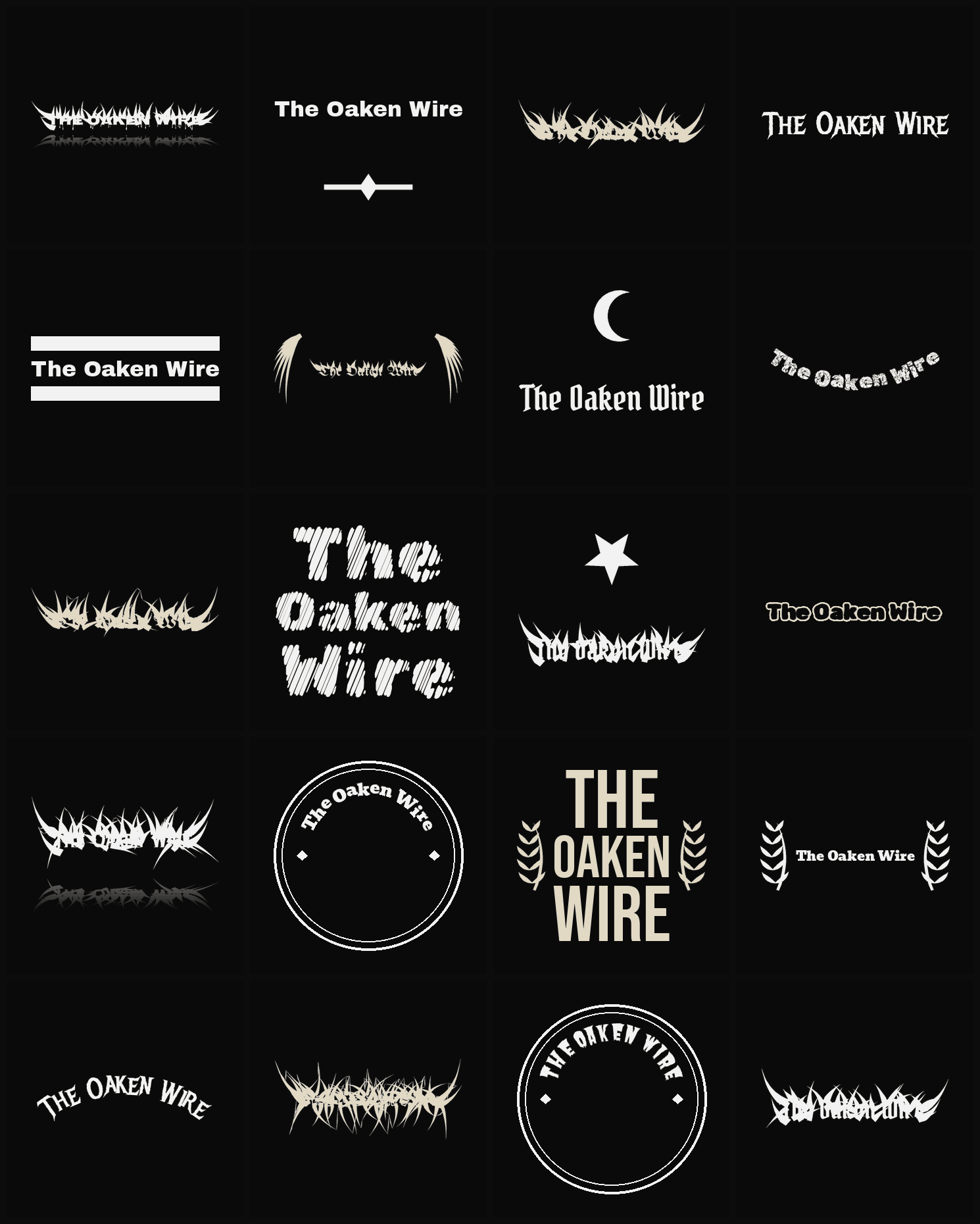 Twenty The Oaken Wire band logo ideas — different faces, treatments and spike settings