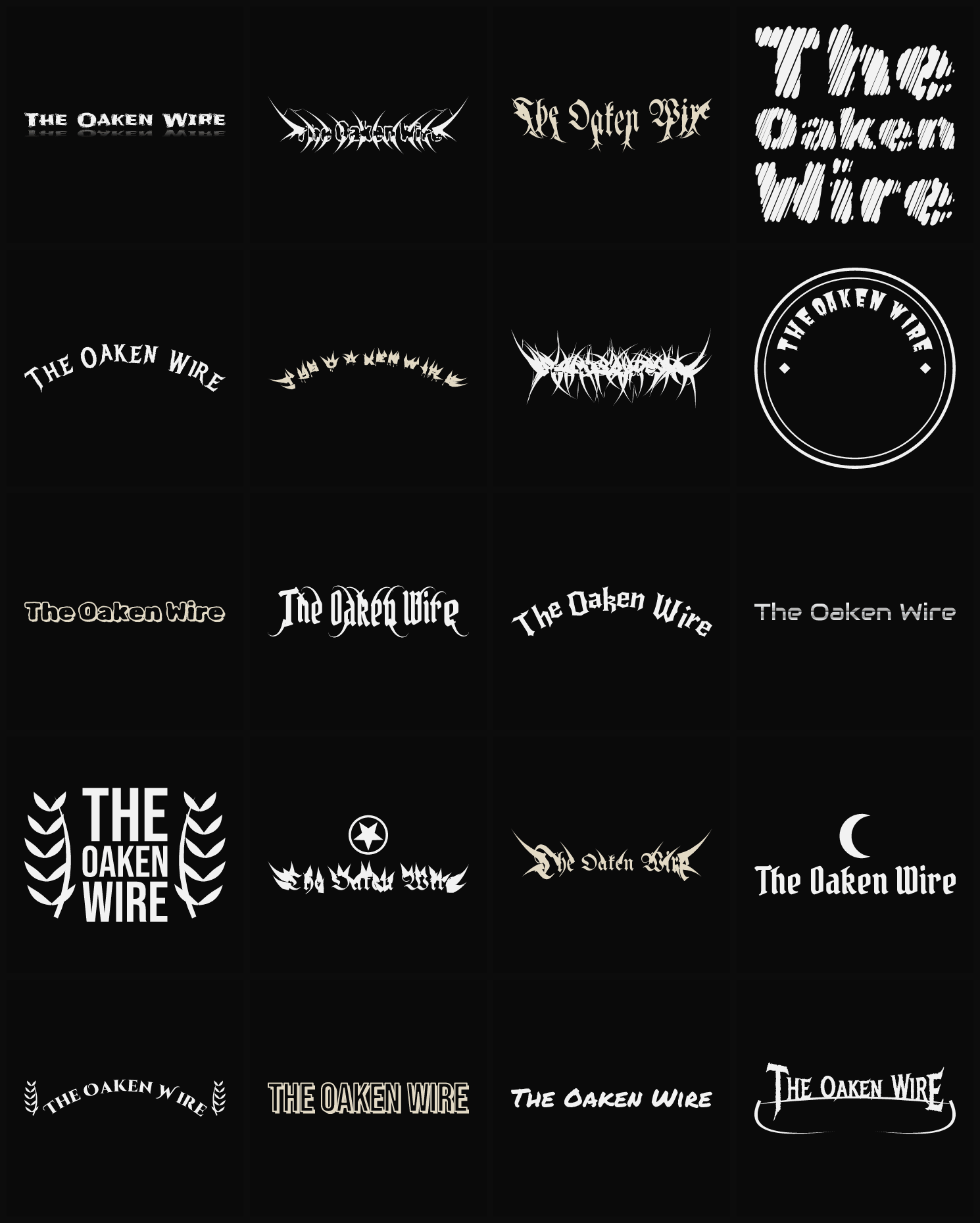 Twenty The Oaken Wire band logo ideas — different faces, treatments and spike settings