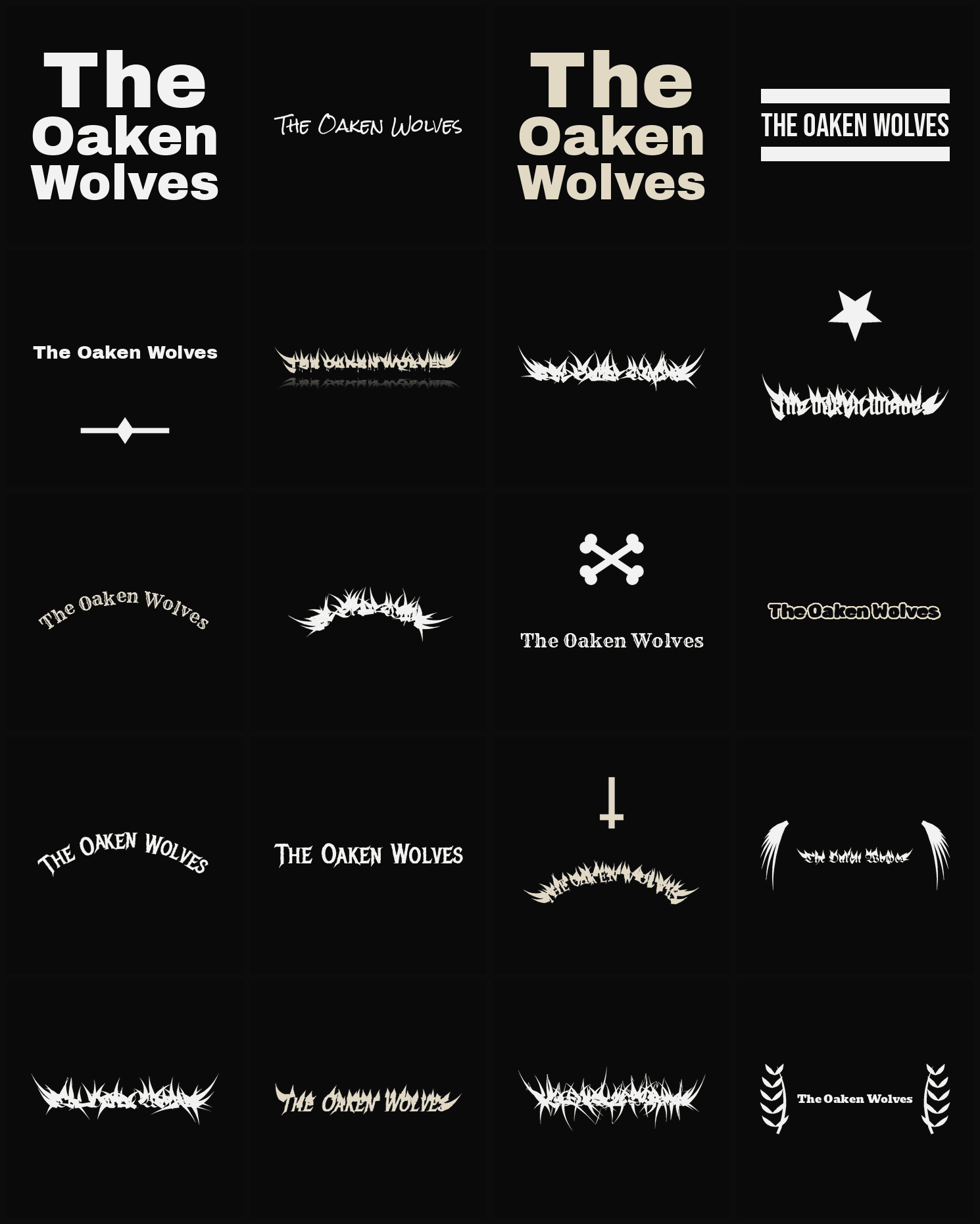 Twenty The Oaken Wolves band logo ideas — different faces, treatments and spike settings