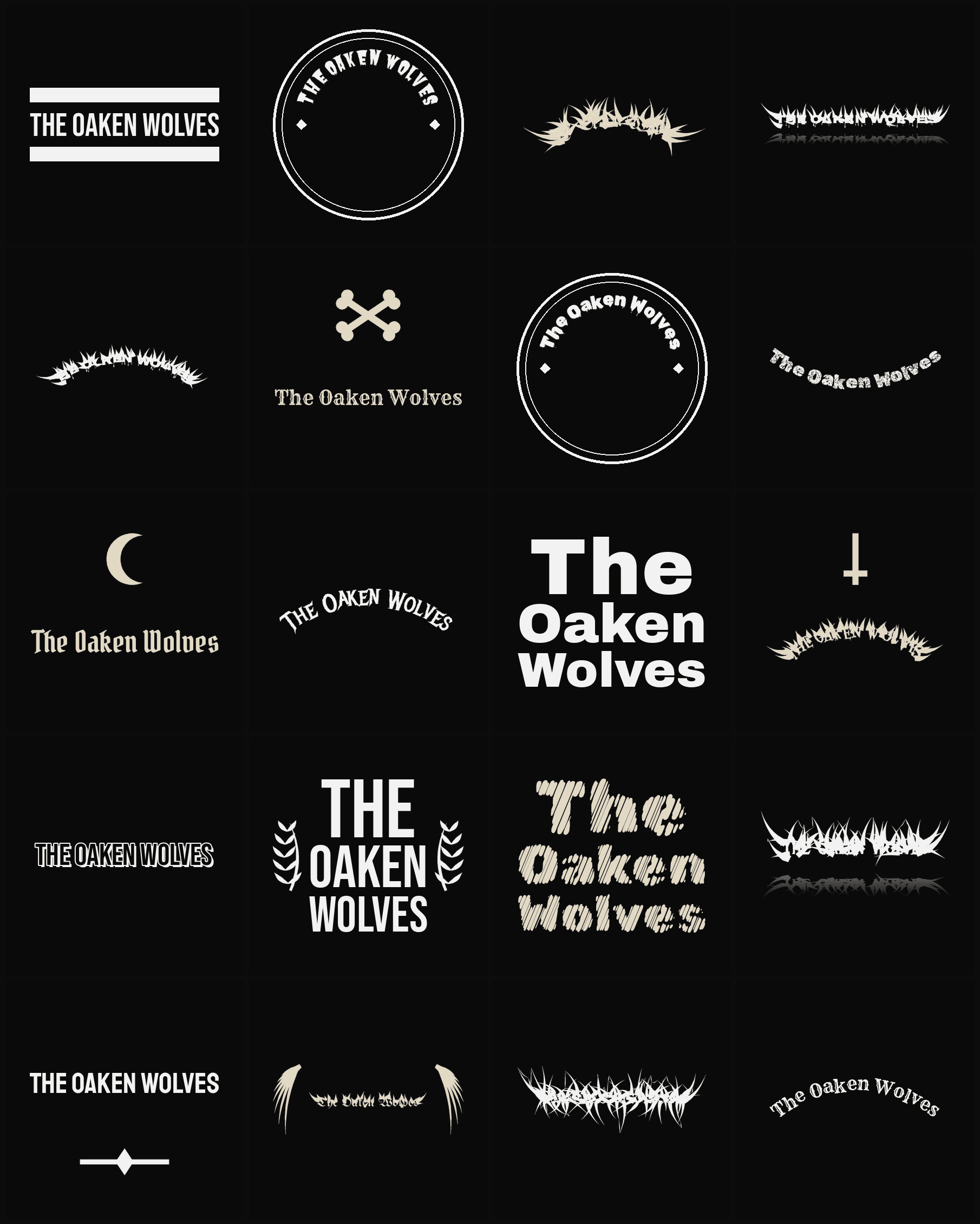 Twenty The Oaken Wolves band logo ideas — different faces, treatments and spike settings
