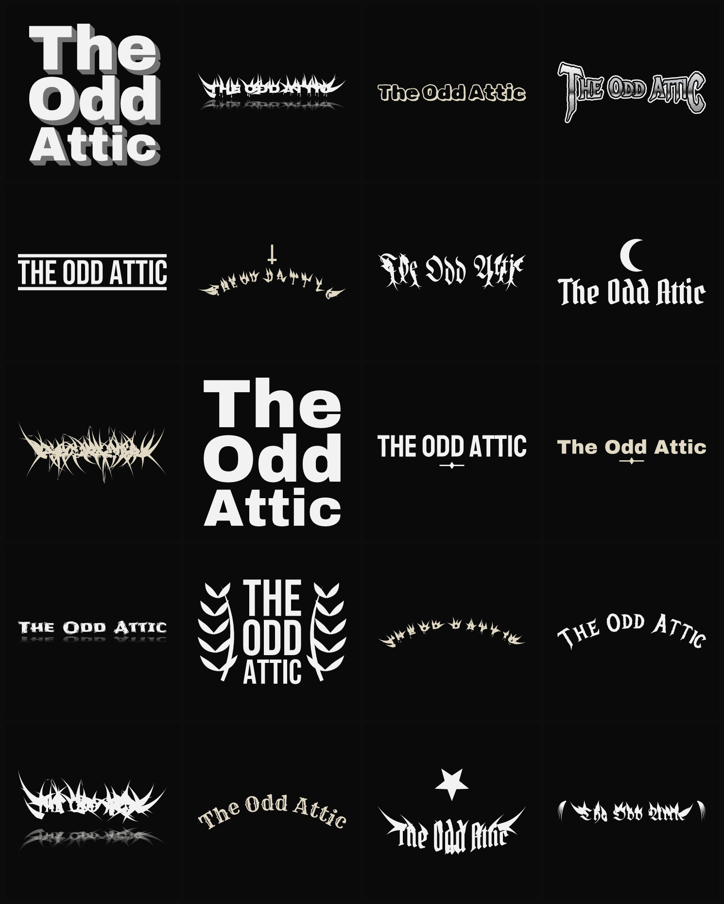 Twenty The Odd Attic band logo ideas — different faces, treatments and spike settings