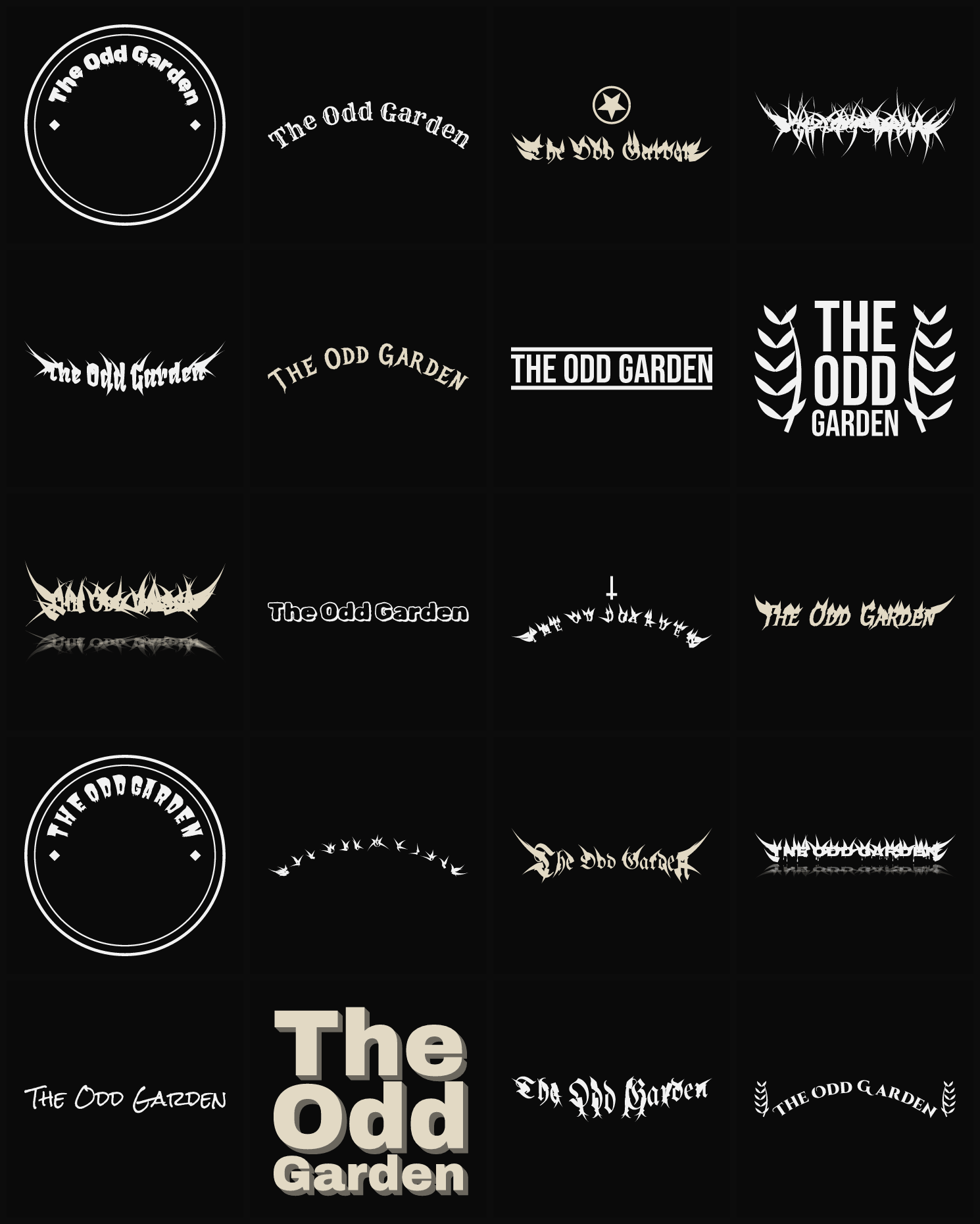 Twenty The Odd Garden band logo ideas — different faces, treatments and spike settings