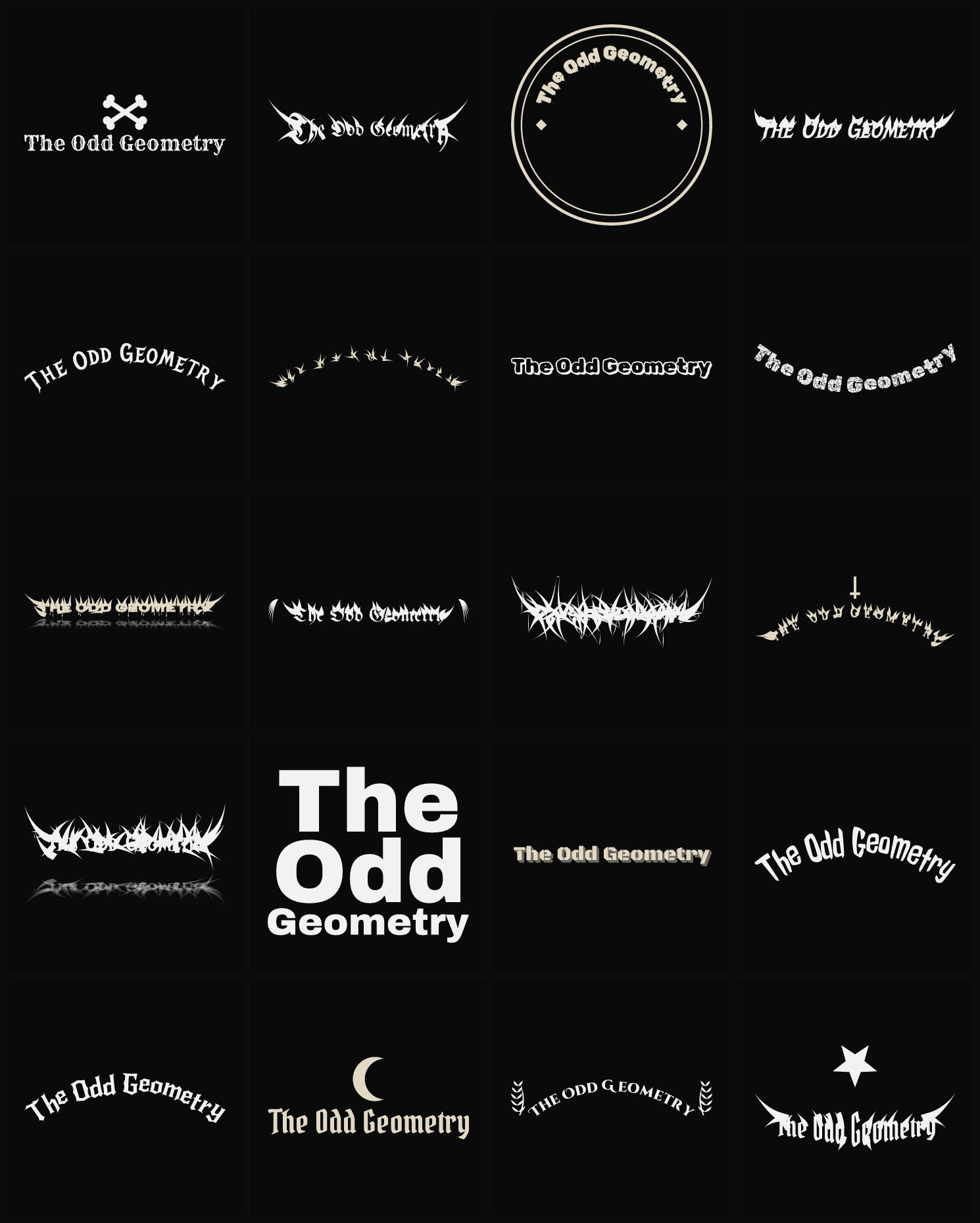 Twenty The Odd Geometry band logo ideas — different faces, treatments and spike settings
