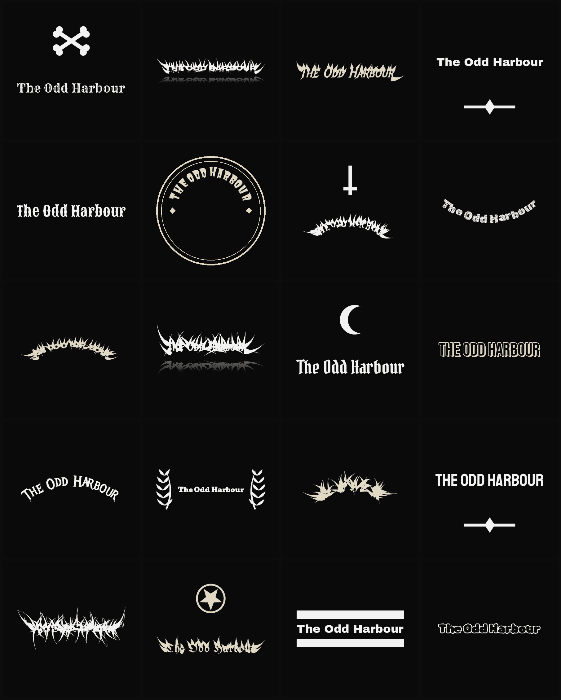 Twenty The Odd Harbour band logo ideas — different faces, treatments and spike settings