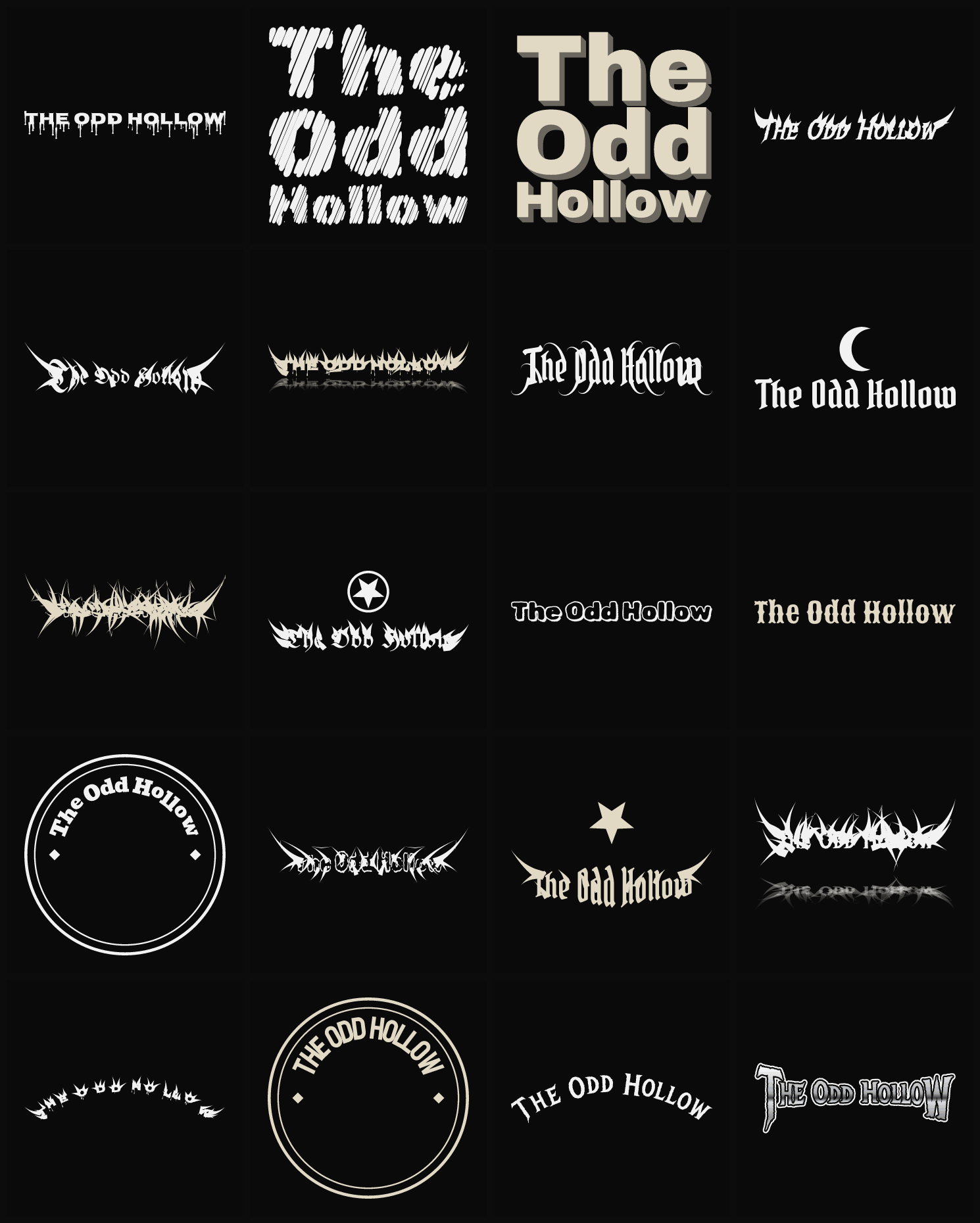 Twenty The Odd Hollow band logo ideas — different faces, treatments and spike settings