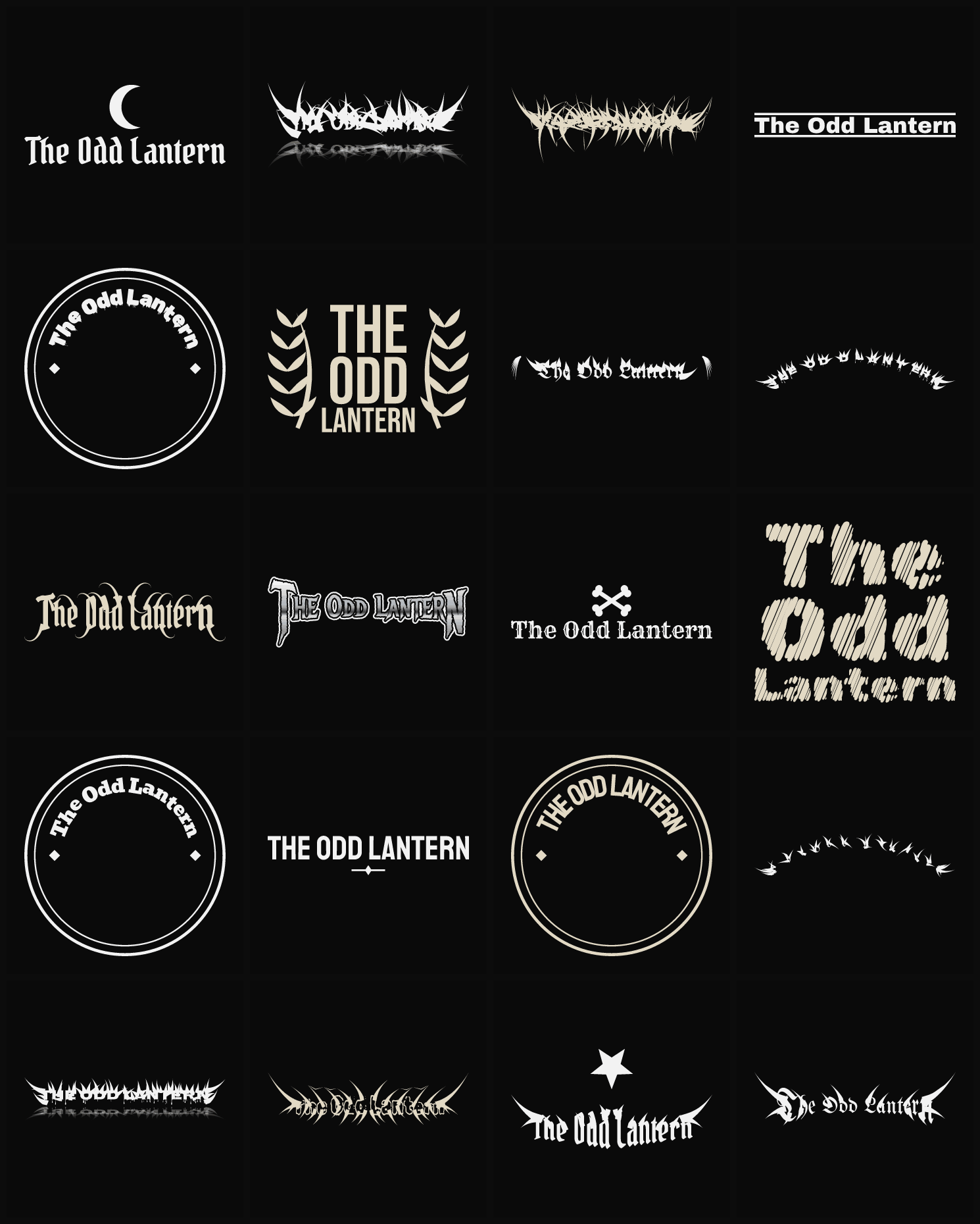 Twenty The Odd Lantern band logo ideas — different faces, treatments and spike settings