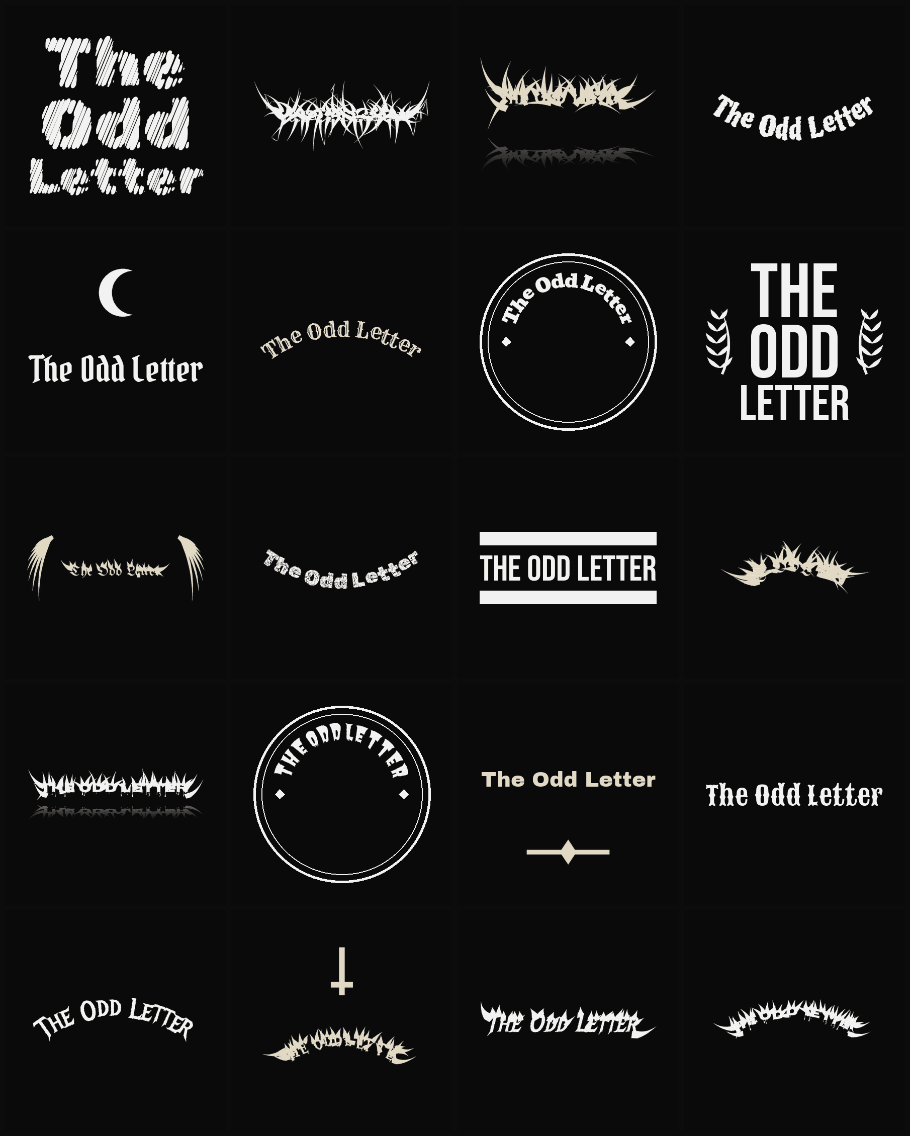 Twenty The Odd Letter band logo ideas — different faces, treatments and spike settings