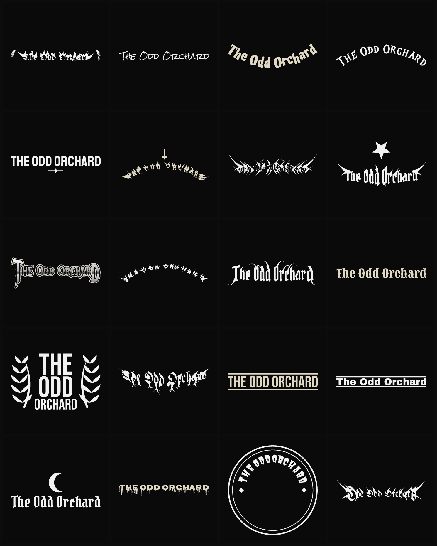 Twenty The Odd Orchard band logo ideas — different faces, treatments and spike settings