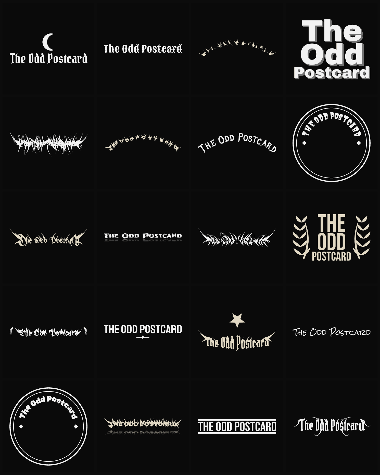 Twenty The Odd Postcard band logo ideas — different faces, treatments and spike settings