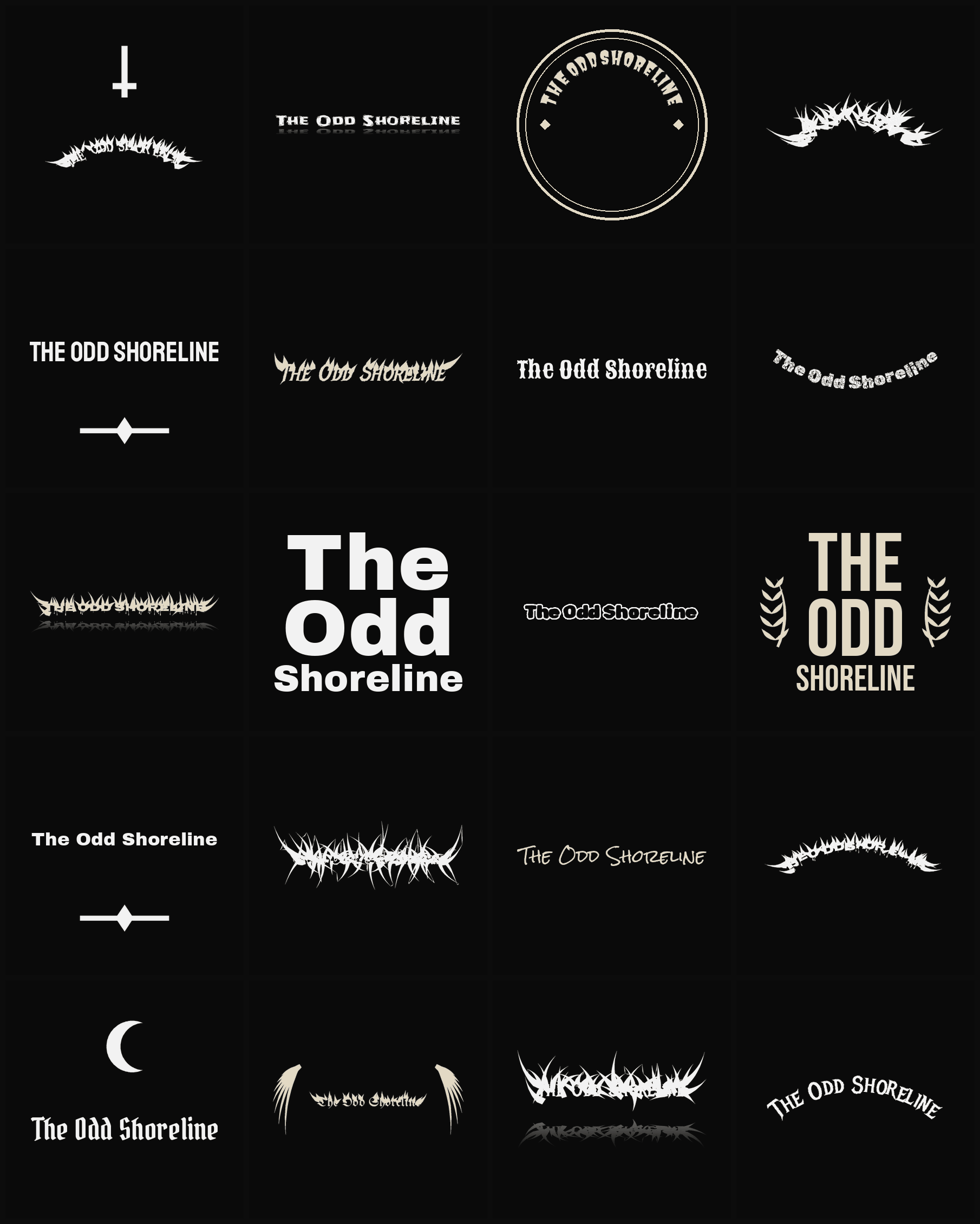 Twenty The Odd Shoreline band logo ideas — different faces, treatments and spike settings