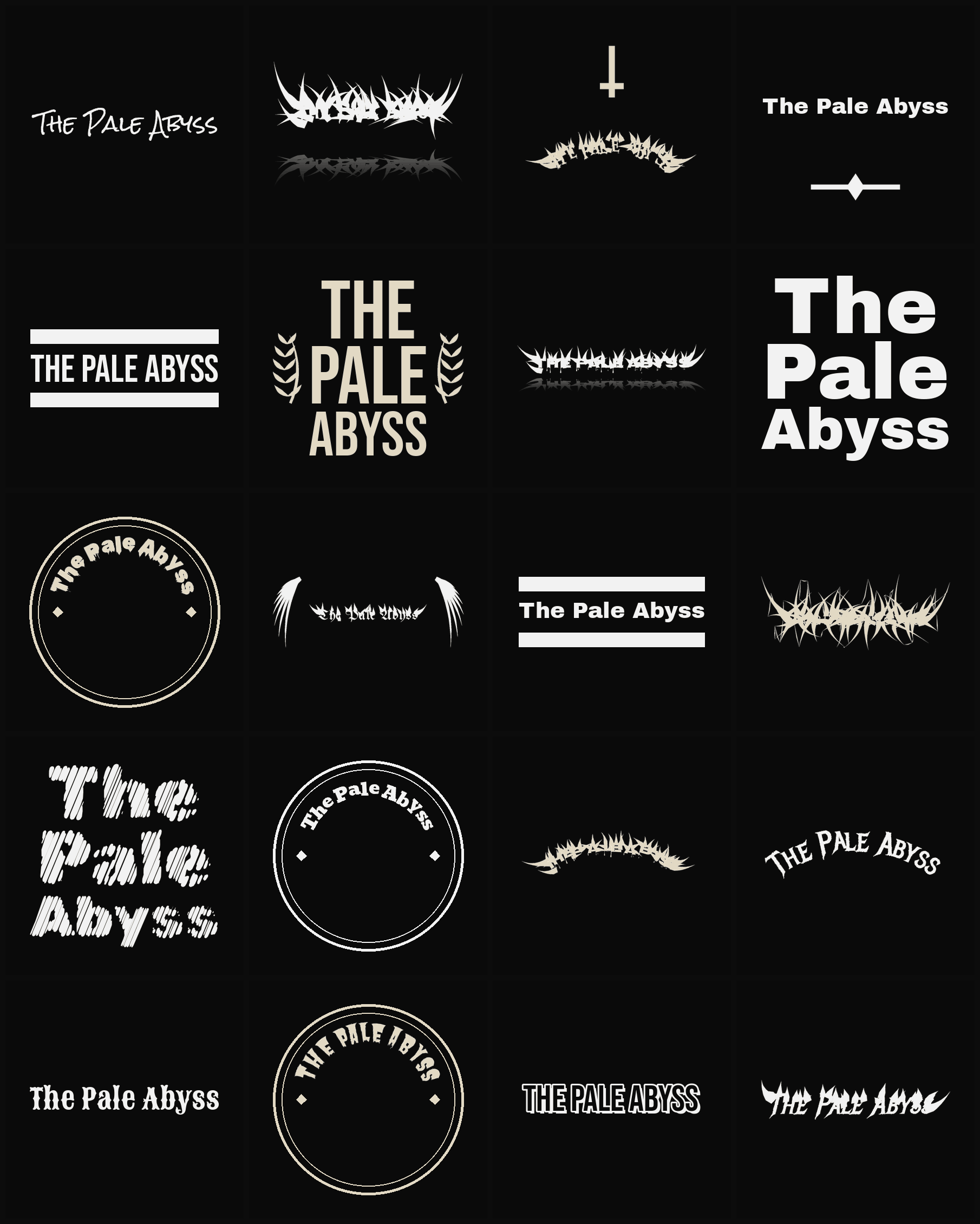 Twenty The Pale Abyss band logo ideas — different faces, treatments and spike settings