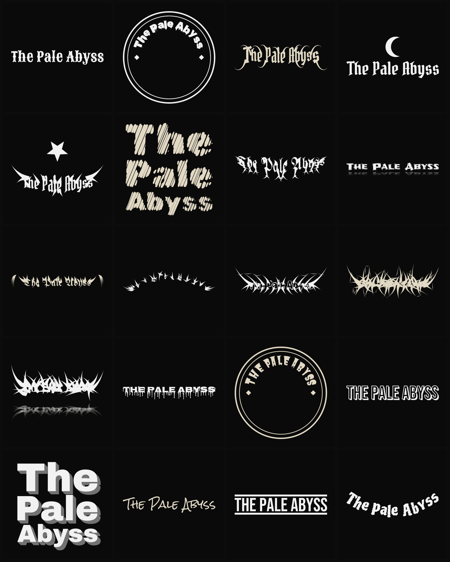 Twenty The Pale Abyss band logo ideas — different faces, treatments and spike settings