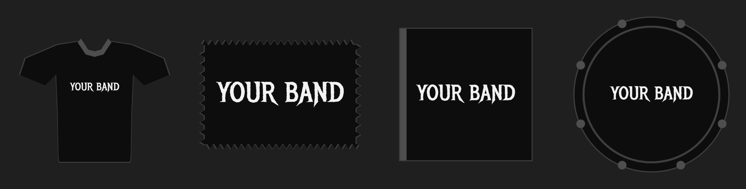 The Pale Abyss logo on a t-shirt, a back patch, a record sleeve and a kick drum head