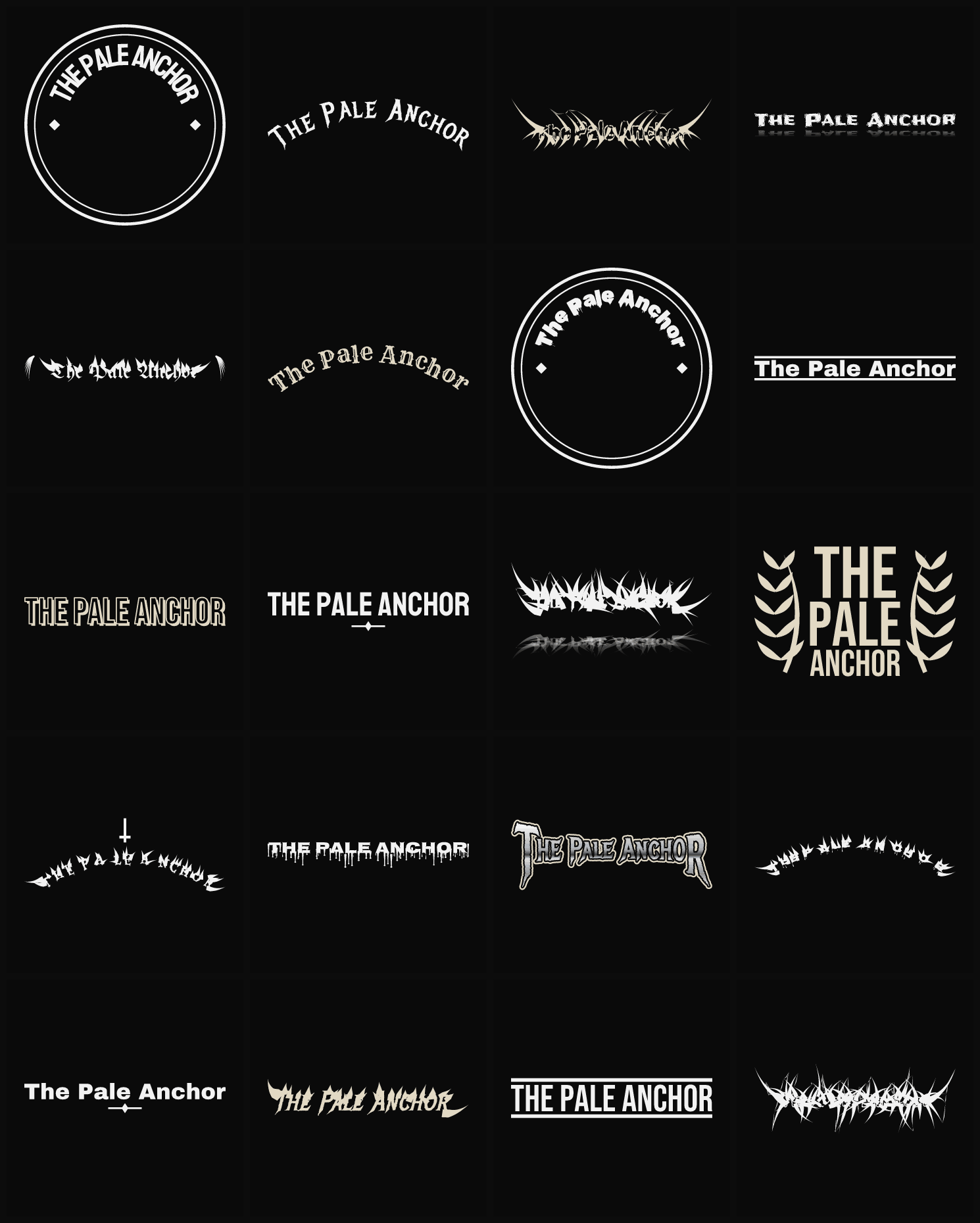 Twenty The Pale Anchor band logo ideas — different faces, treatments and spike settings