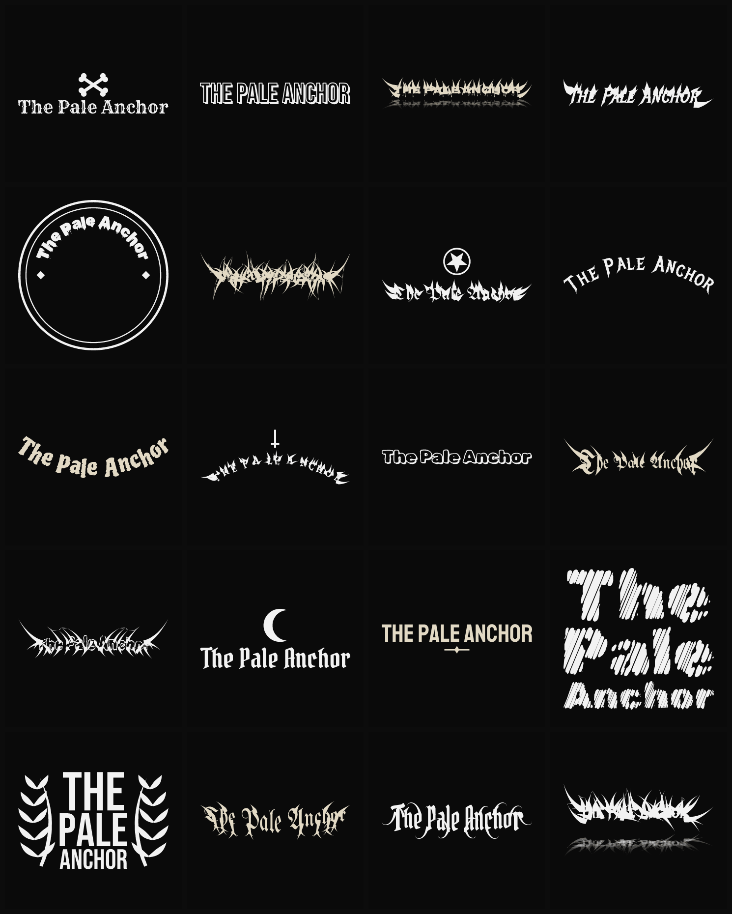 Twenty The Pale Anchor band logo ideas — different faces, treatments and spike settings
