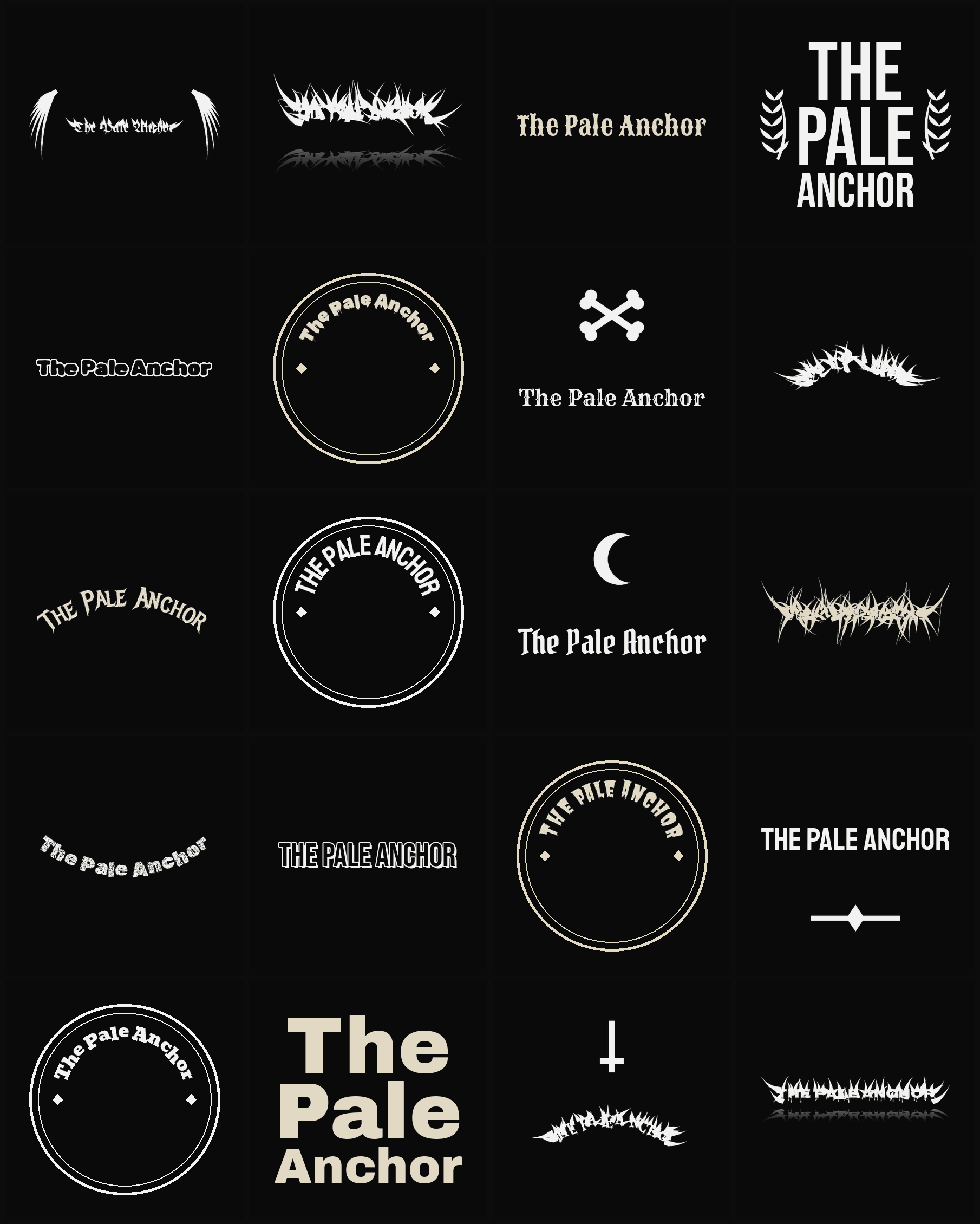 Twenty The Pale Anchor band logo ideas — different faces, treatments and spike settings