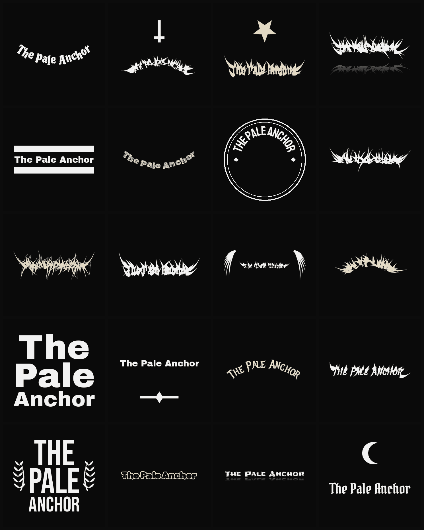 Twenty The Pale Anchor band logo ideas — different faces, treatments and spike settings