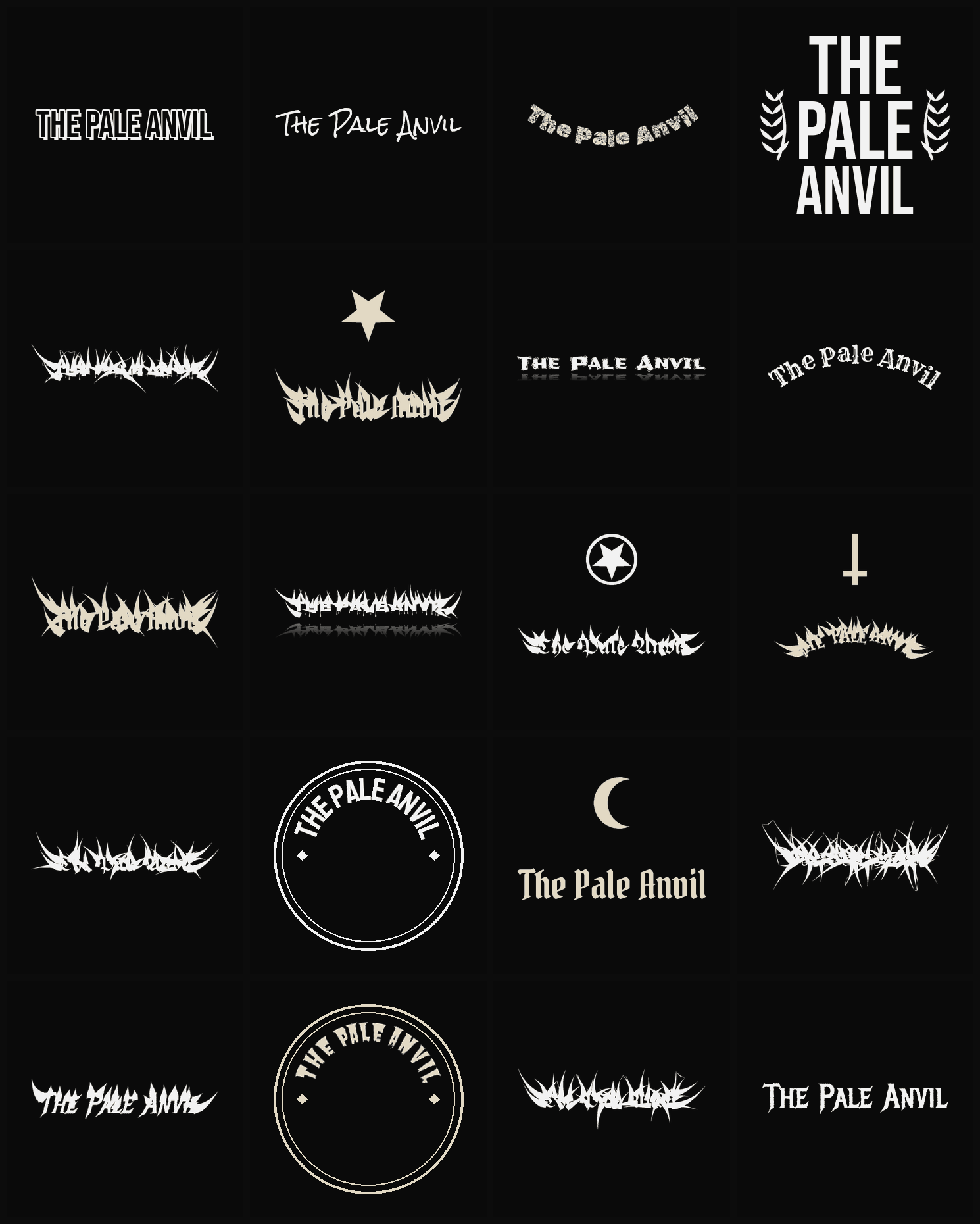Twenty The Pale Anvil band logo ideas — different faces, treatments and spike settings