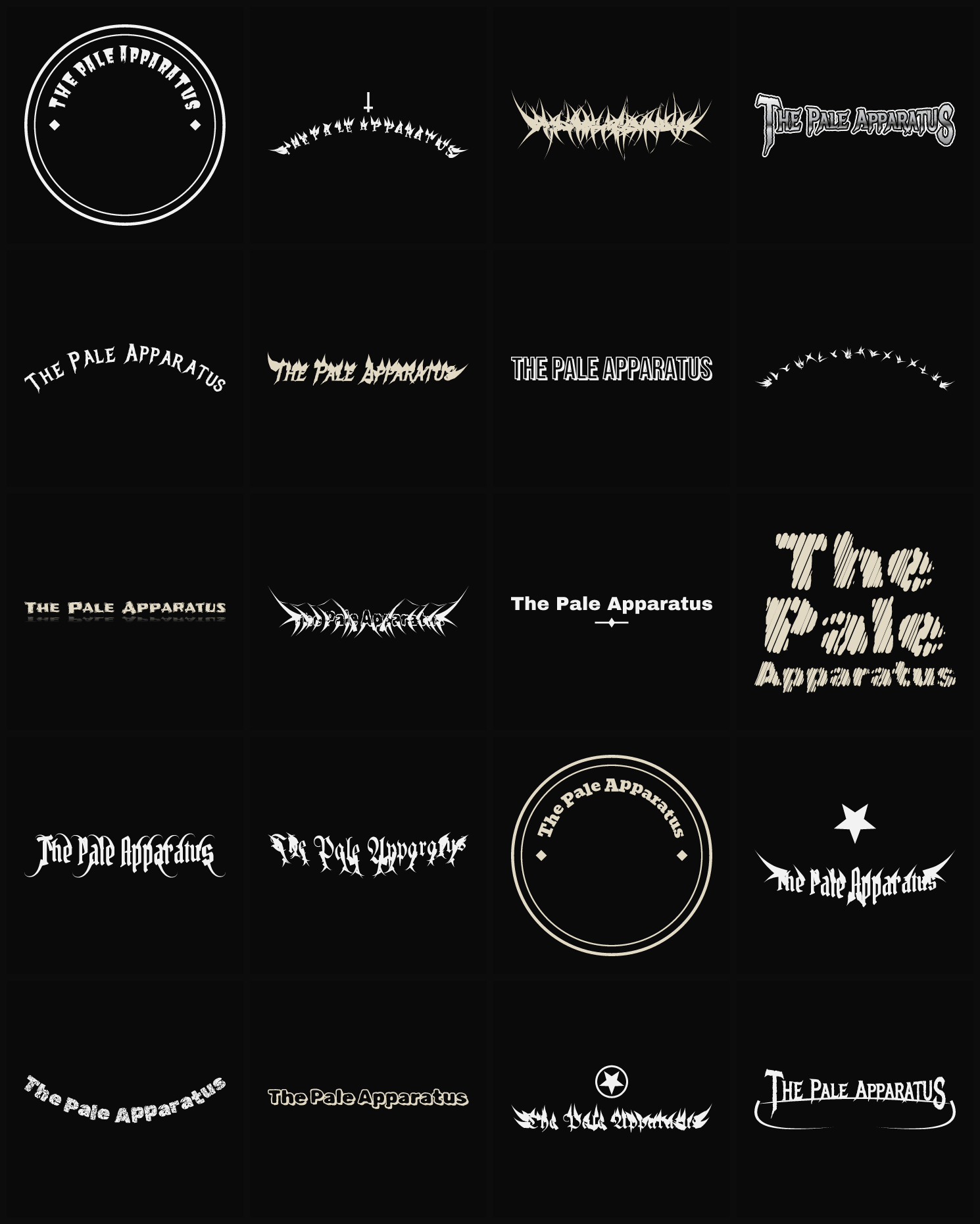 Twenty The Pale Apparatus band logo ideas — different faces, treatments and spike settings