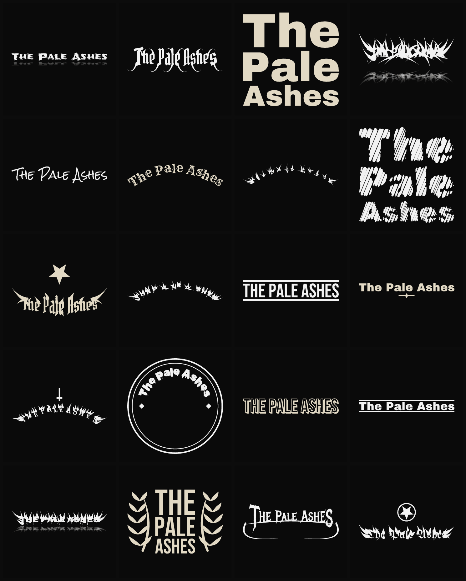Twenty The Pale Ashes band logo ideas — different faces, treatments and spike settings