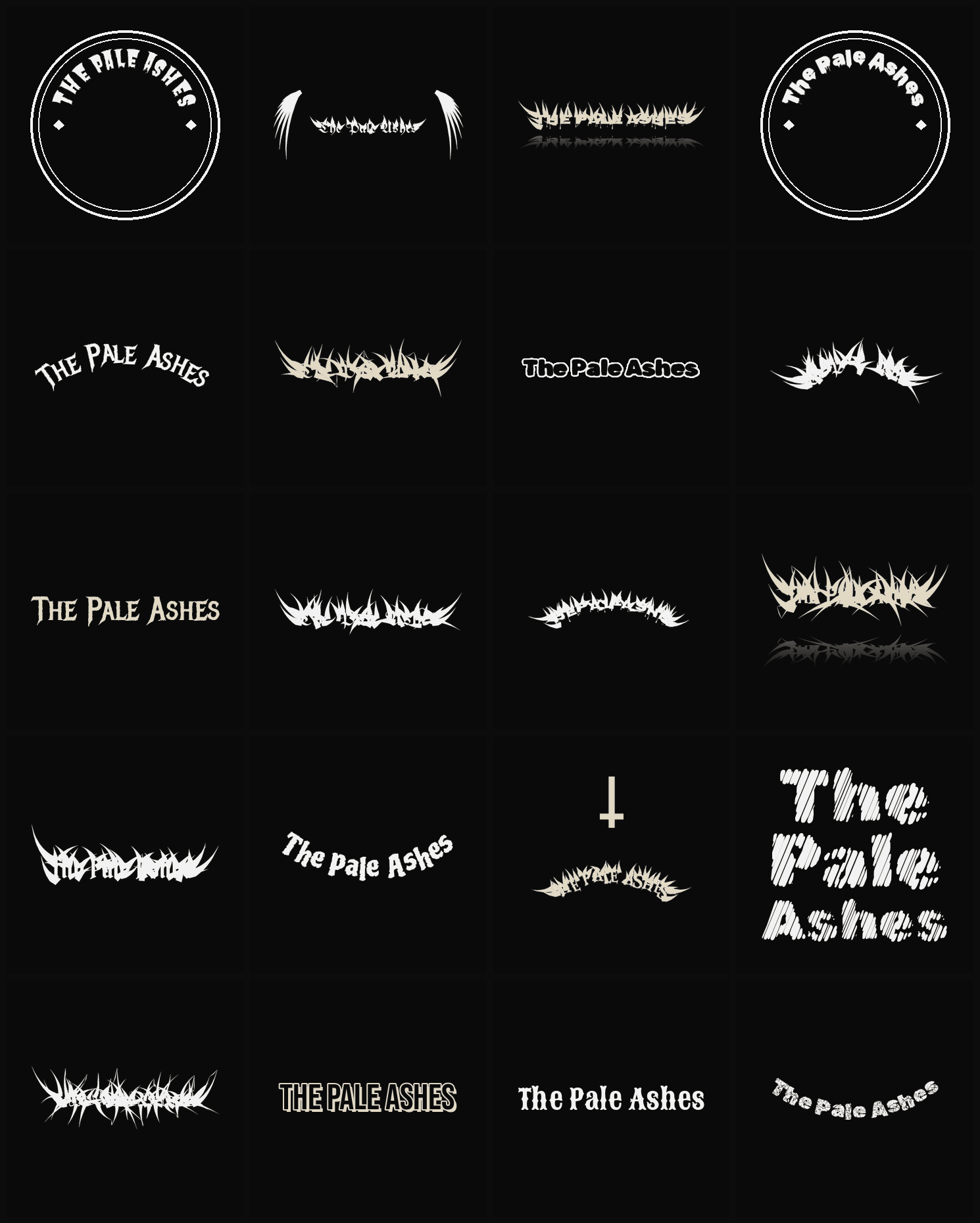 Twenty The Pale Ashes band logo ideas — different faces, treatments and spike settings