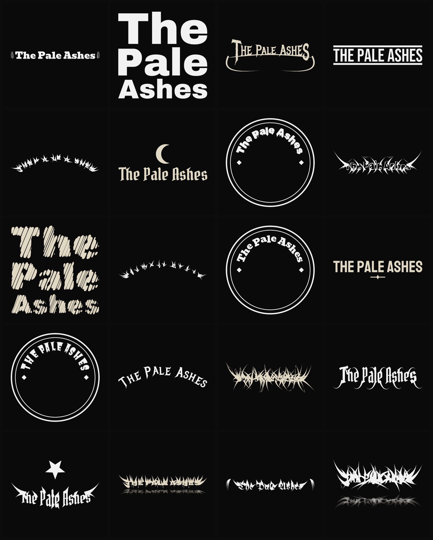 Twenty The Pale Ashes band logo ideas — different faces, treatments and spike settings
