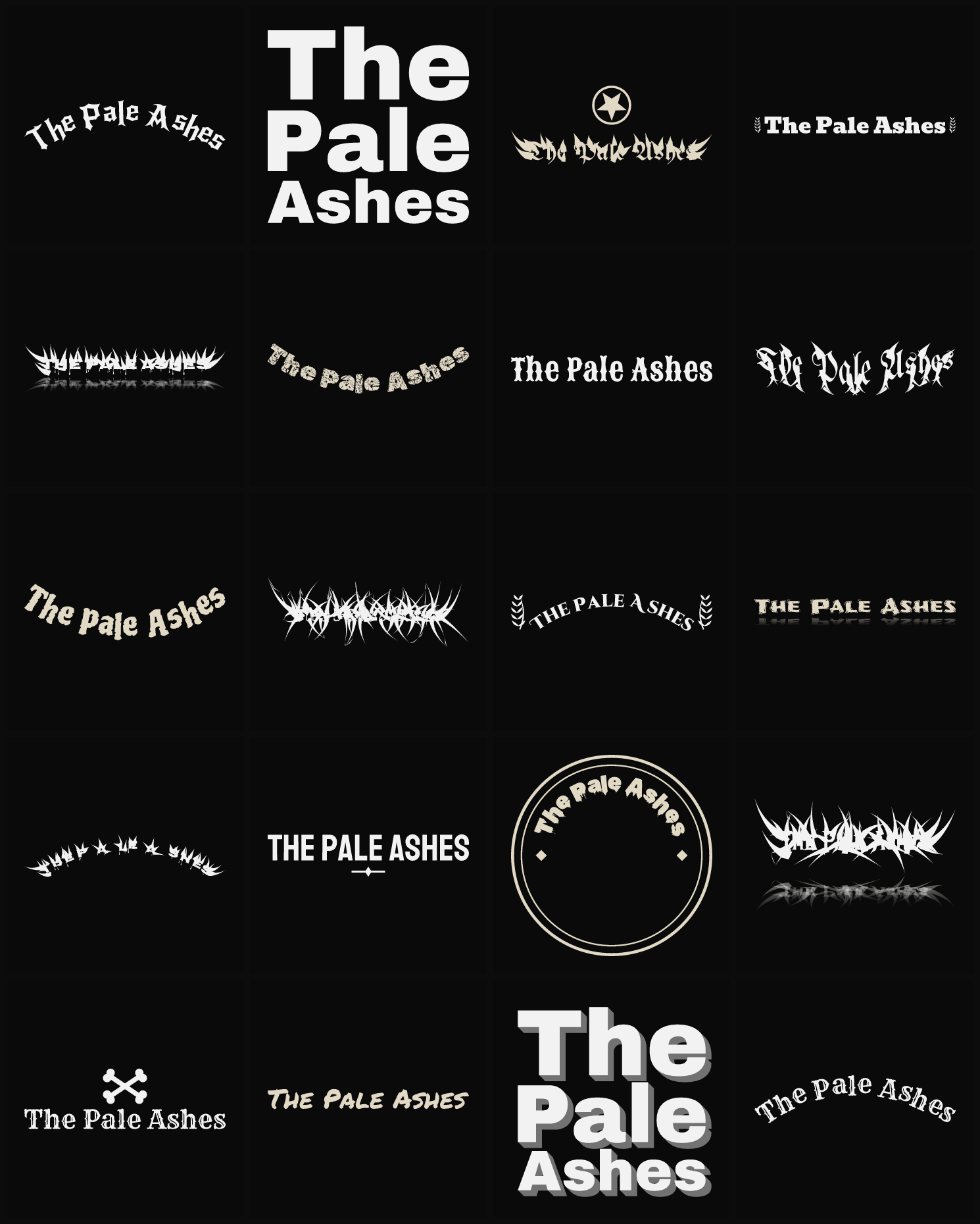 Twenty The Pale Ashes band logo ideas — different faces, treatments and spike settings