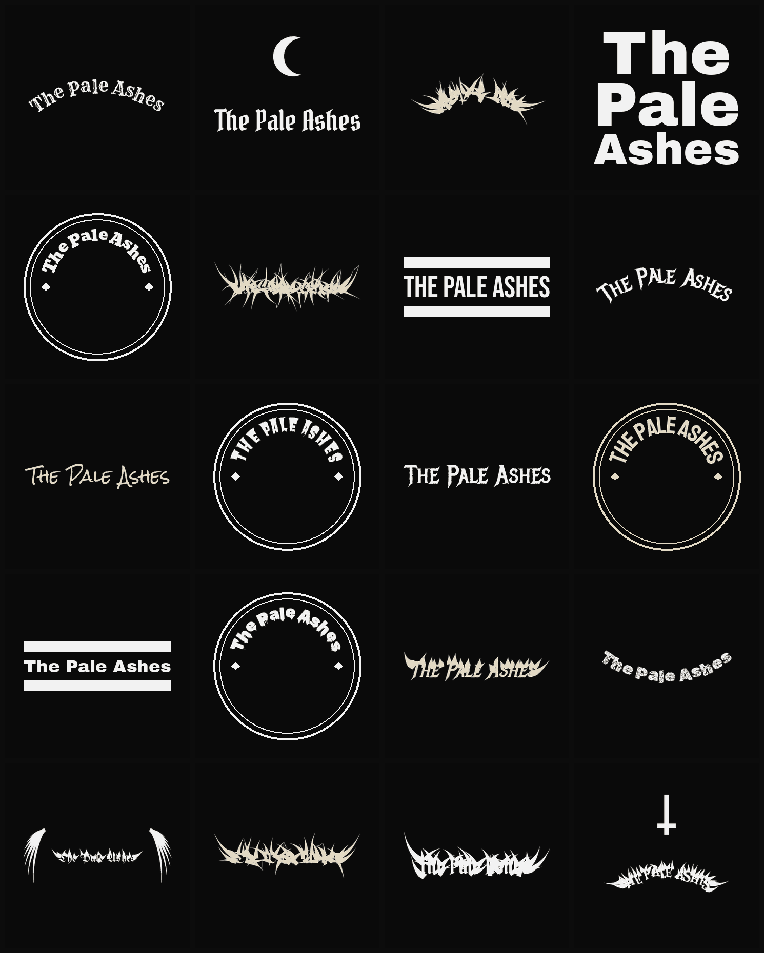 Twenty The Pale Ashes band logo ideas — different faces, treatments and spike settings
